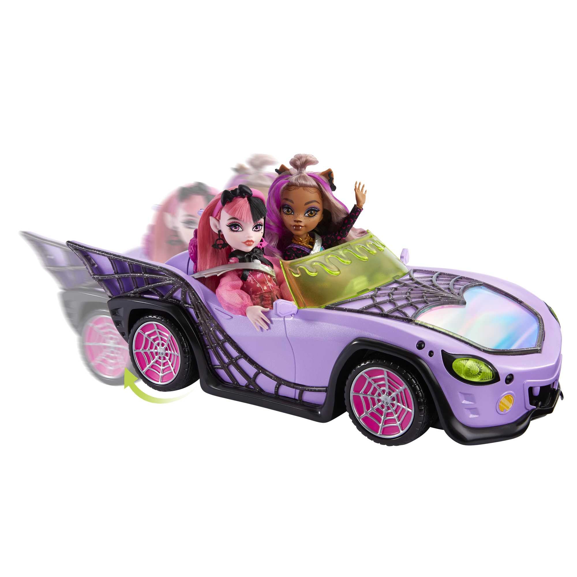 Monster High Ghoul Mobile - Lilafarbenes Cabrio mit schillernden Spinnennetzen, plüschigem Innenraum und Eiskühler in Sargform, Platz für 4 Puppen, Puppen Nicht enthalten, HHK63
