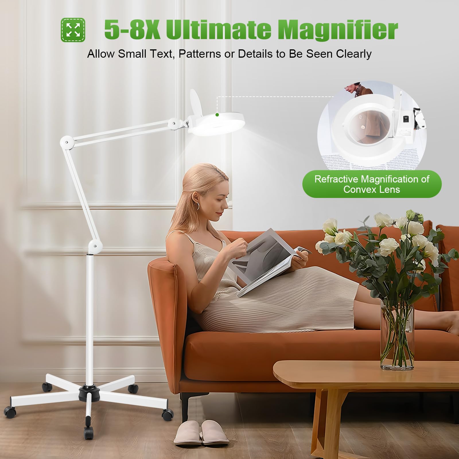 8X Lupe mit Licht, Verstellbarer Schwenkarm, 2-in-1 Schreibtischlampe und Lupen-Stehlampe, 24W LED Beleuchtete Lupe mit Licht, beleuchtetes Vergrößerungsglas für Kosmetikerinnen, Gesichtsbehandlungs