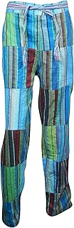 Womens Blue Yoga Pants Cotton Patchwork Comfy Hippie Tie Waist Pajamas S/M