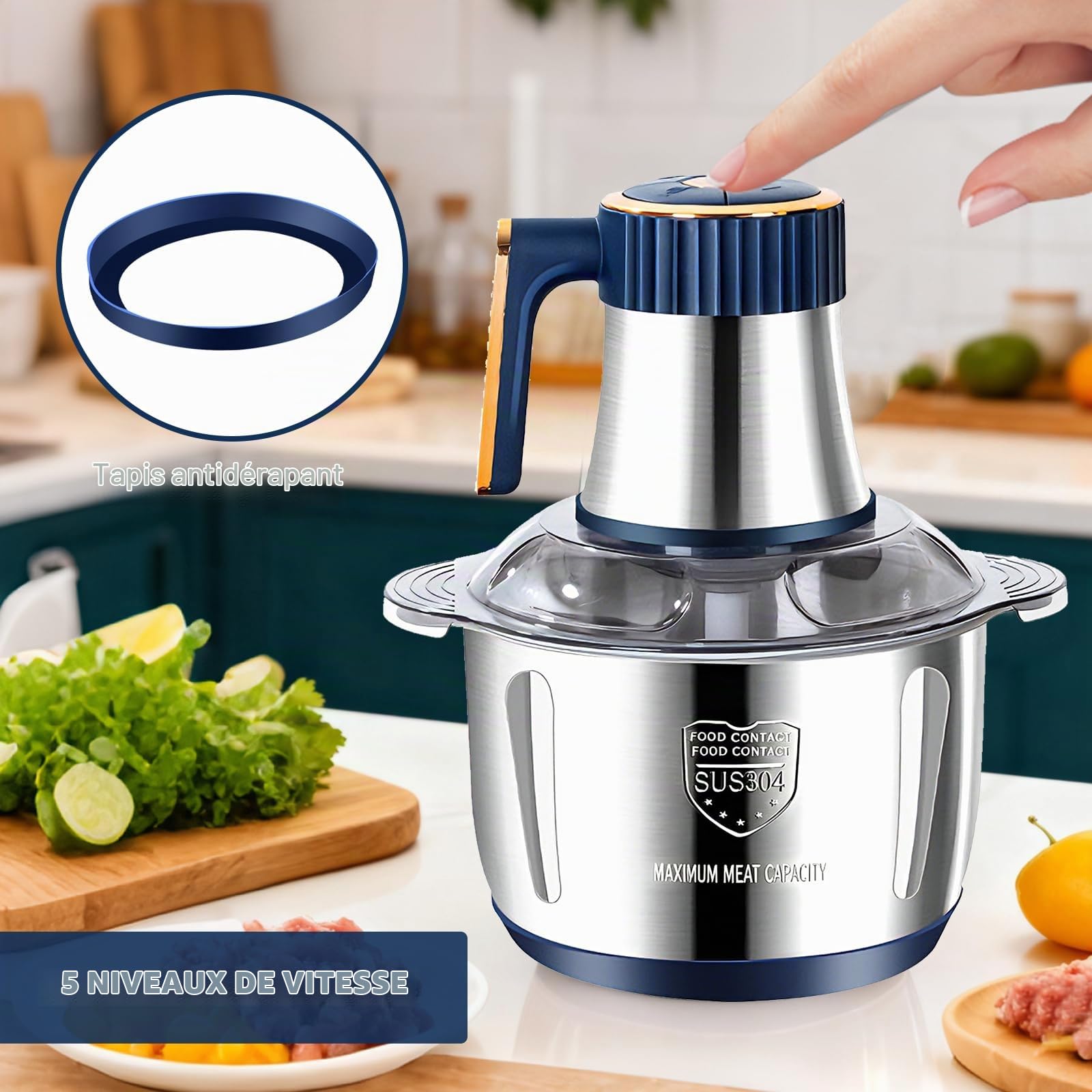 Hachoir Électrique 5L – Mixeur Hachoir Électrique avec Bol en Acier Inoxydable, 5 Vitesses et 6 Lames en Acier avec 5 Jeux de Lames pour Viande, Légumes et Fruits