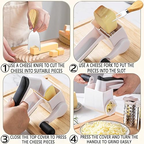 Miniatura 6 de Rallador de queso con asa, rallador de queso giratorio con 3 tambores de acero inoxidable y 2 herramientas de queso y cepillo de limpieza, diseño
