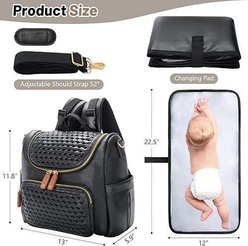 Miniatura 2 de Minsong Mochila para pañales, mochila pequeña para pañales para mamá con cambiador, elegantes bolsas de pañales de viaje de cuero vegano (negro)