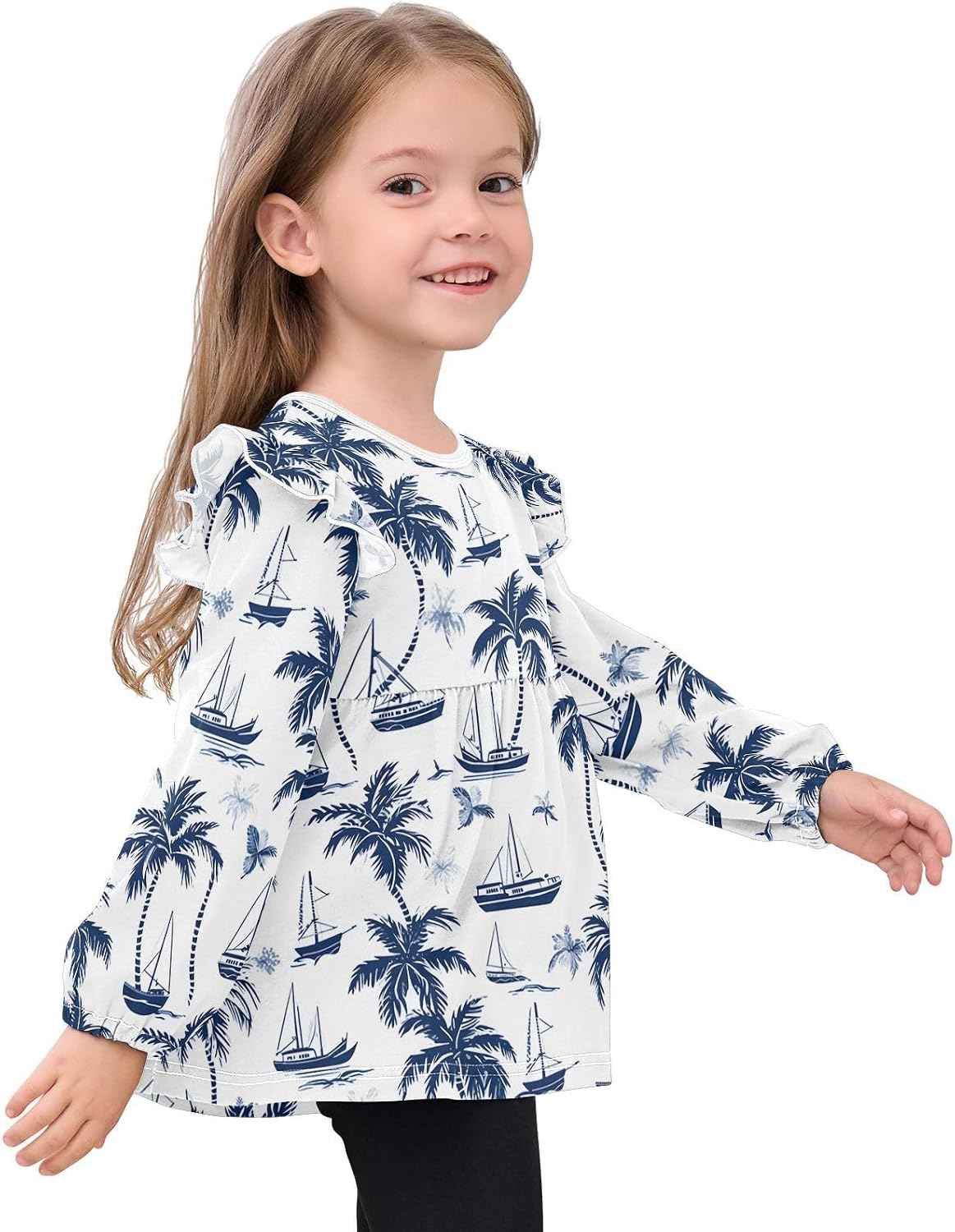 visesunny Toddler Clothes for Girls Palm Tree Boat Long Sleeve Fall Shirts Cotton Top with Ruffle Collar