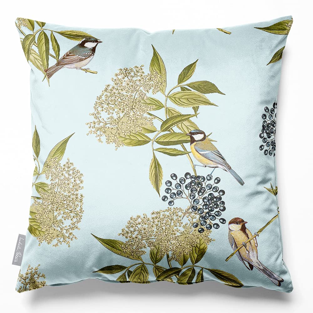 Izabela Peters Bird On Elderflower - Duck Egg Blue Eco-Friendly Velvet Cushions - Filled, 60 Cm, Chair & Sofa Seat Cushions