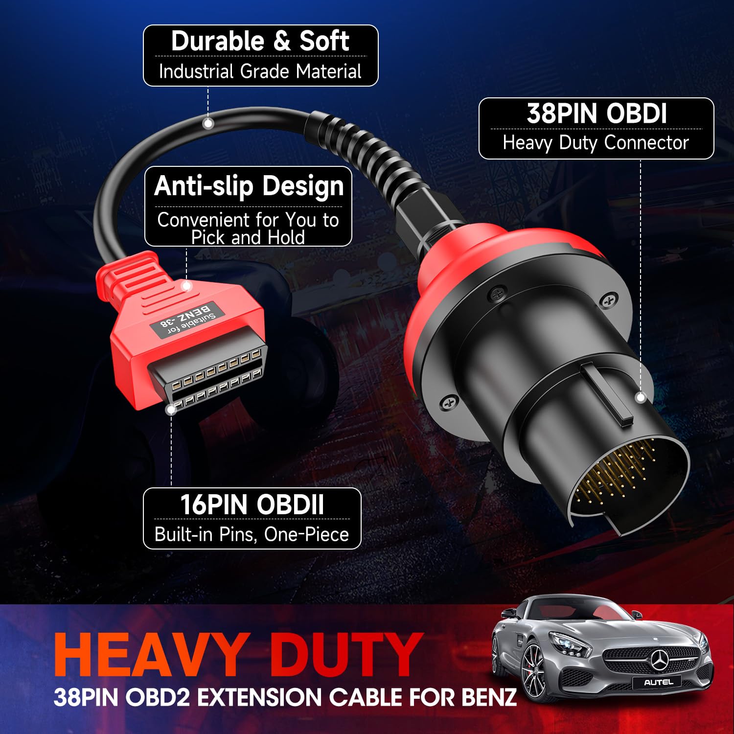 Autel Oryginalny adapter do Benz 38-pinowy męski na 16-pinowy żeński, adapter diagnostyczny OBD2 do Mercedes Benz, konwertuje 38-pinowy męski na 16-pinowy OBDII, współpracuje z MK808 MP808 MK908 MS906
