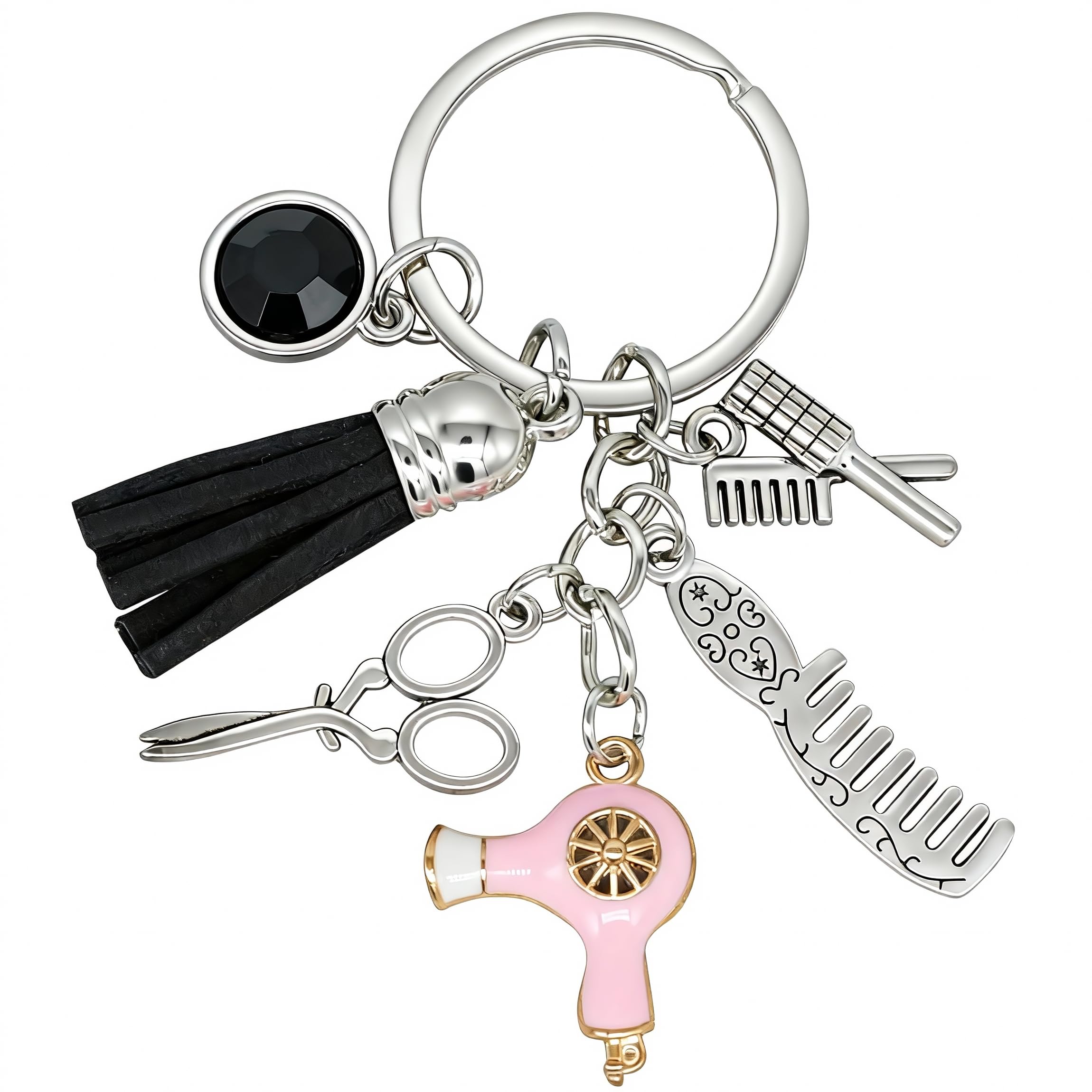 Moydolo Unisex Pink Comb Scissors Hair Dryer Keychain Pendant Barbe Key Chains Charm Keyring For Hairdresser Hair Stylist Pursse Backpack