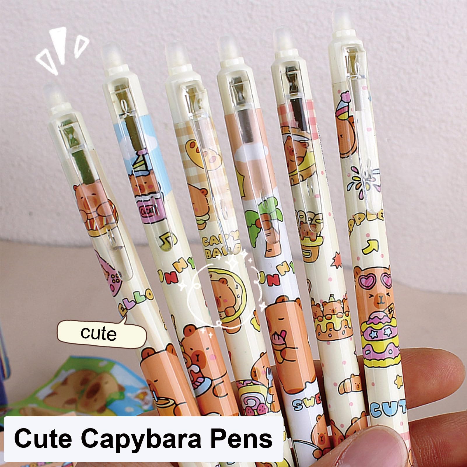 6 Pcs Cute Erasable Retractable Pens Capybara Erasable Pen 0 5mm Fine Point Black Ink Writing Pen Office — view 3