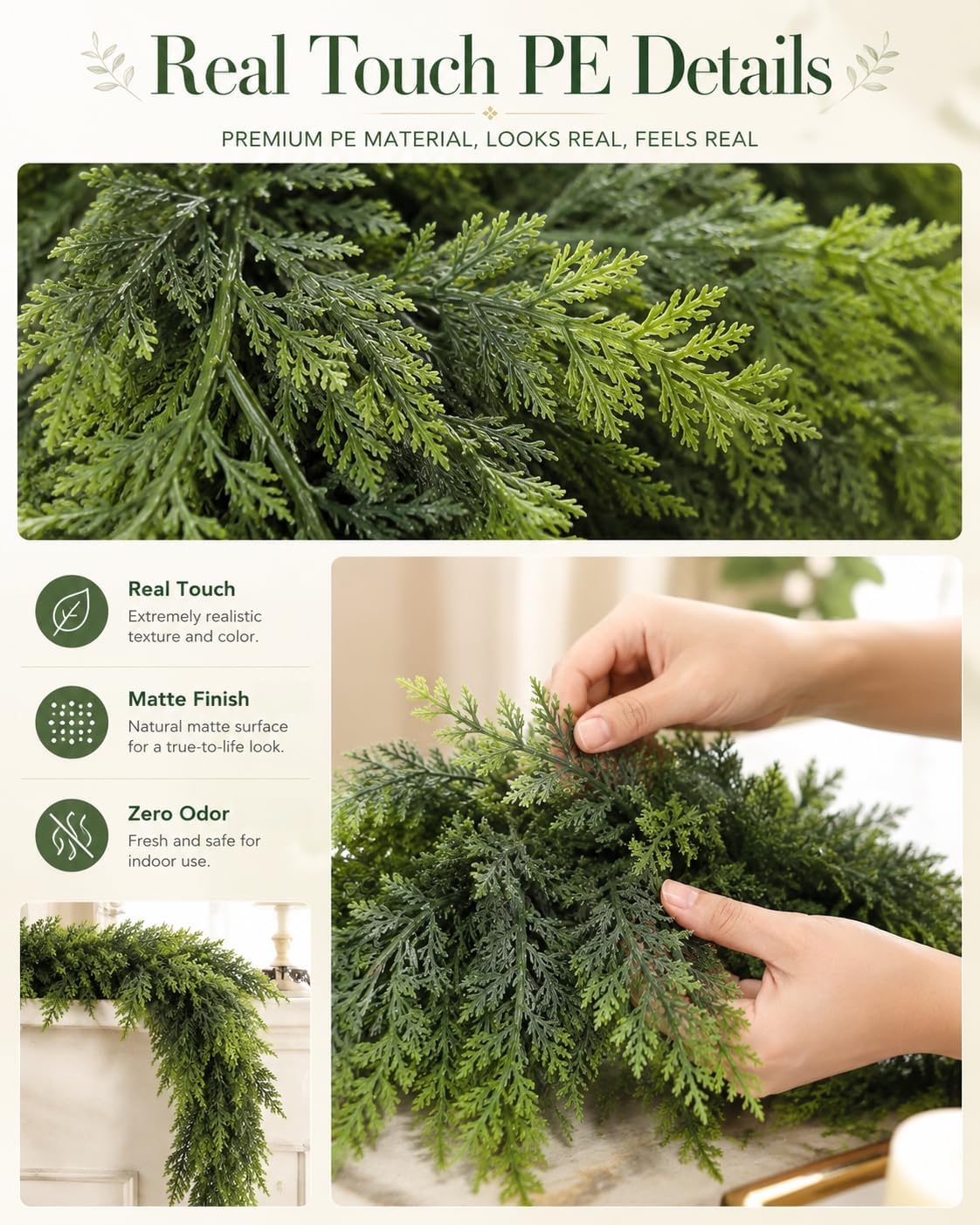 Artificial Christmas Cedar Garland, 6 FT Real Touch Pine Greenery | Soft PE needles and thick bendable branches for fuller mantel, fireplace, stair rail, doorway, porch, and table styling