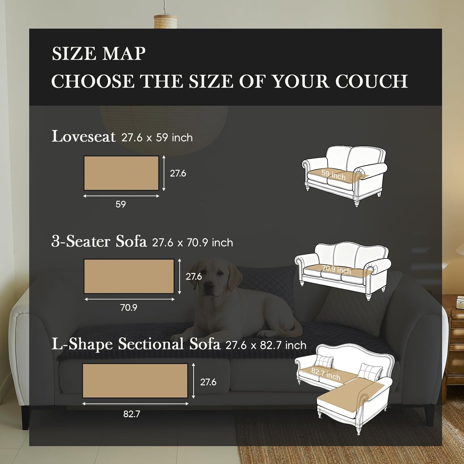 Diamond Quilted Couch Cover for Dogs Non Slip - Large Silicone Particles Pet Friendly Thick Sofa Slipcover for 3 Cushion Couch Washable Furniture Protector Mat for Dogs Cats
