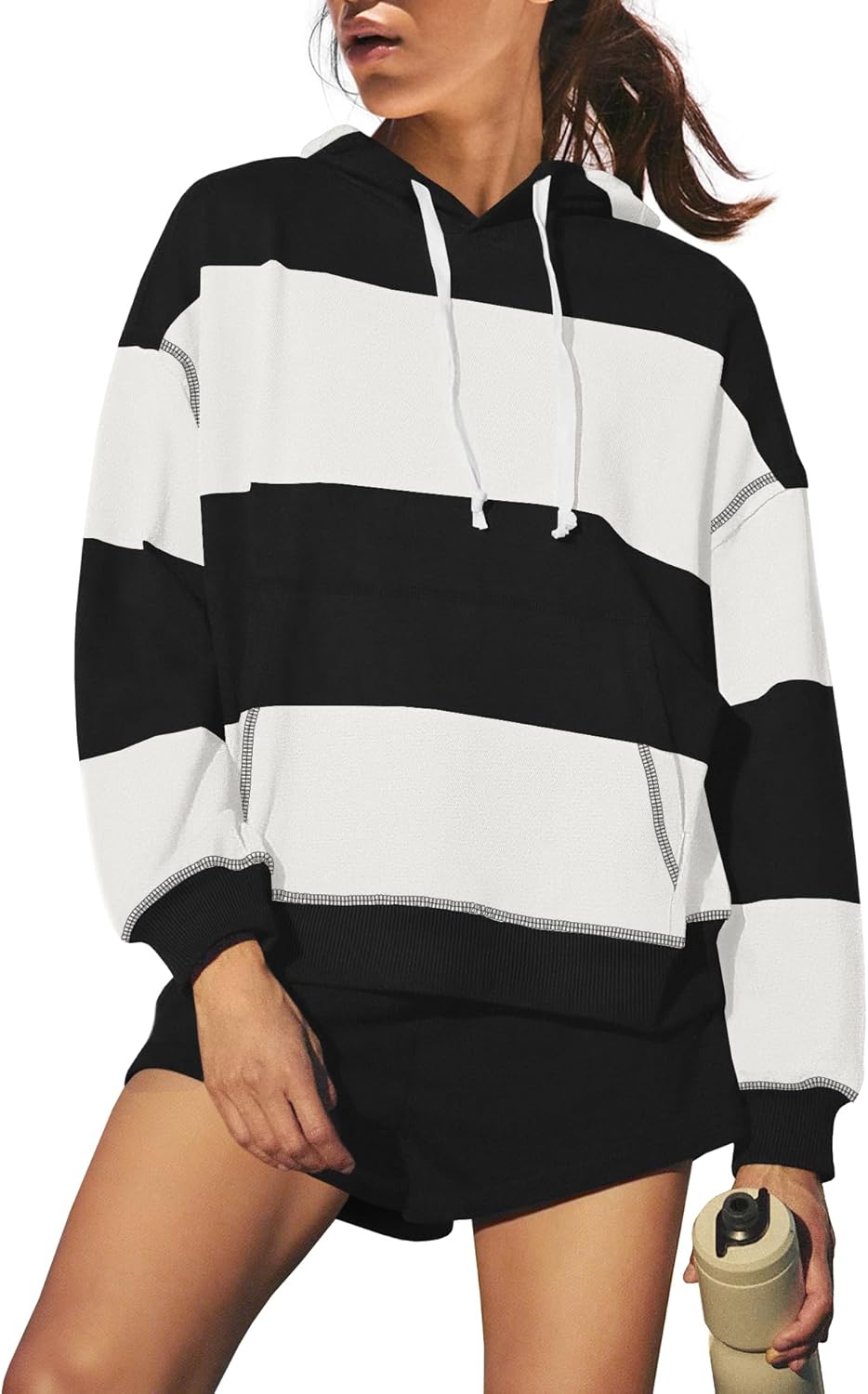 Yanekop Womens 2 Piece Outfits Workout Set Striped Lounge Set Sweatsuits Matching Sets Oversized Hoodies and Shorts Set - Image 2