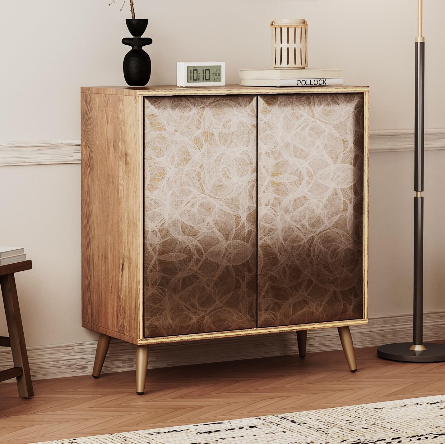 Sideboard Buffet Cabinet with Raised Shaped & Geometric Line Texture Door Panel, Accent Storage Cabinet for Living Room (Cabinet Body- Black Oak, 4 Door-15 D x 61" W x 34.5" H)