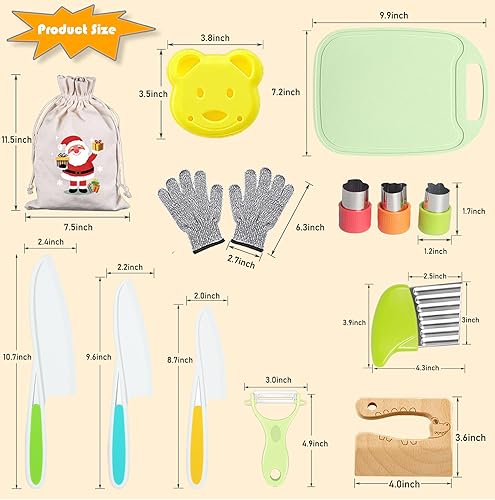 Miniatura 2 de Tellshun Juego de 14 cuchillos de cocina de madera para niños con guantes, tabla de cortar frutas, verduras, cortadores arrugados, bordes dentados,