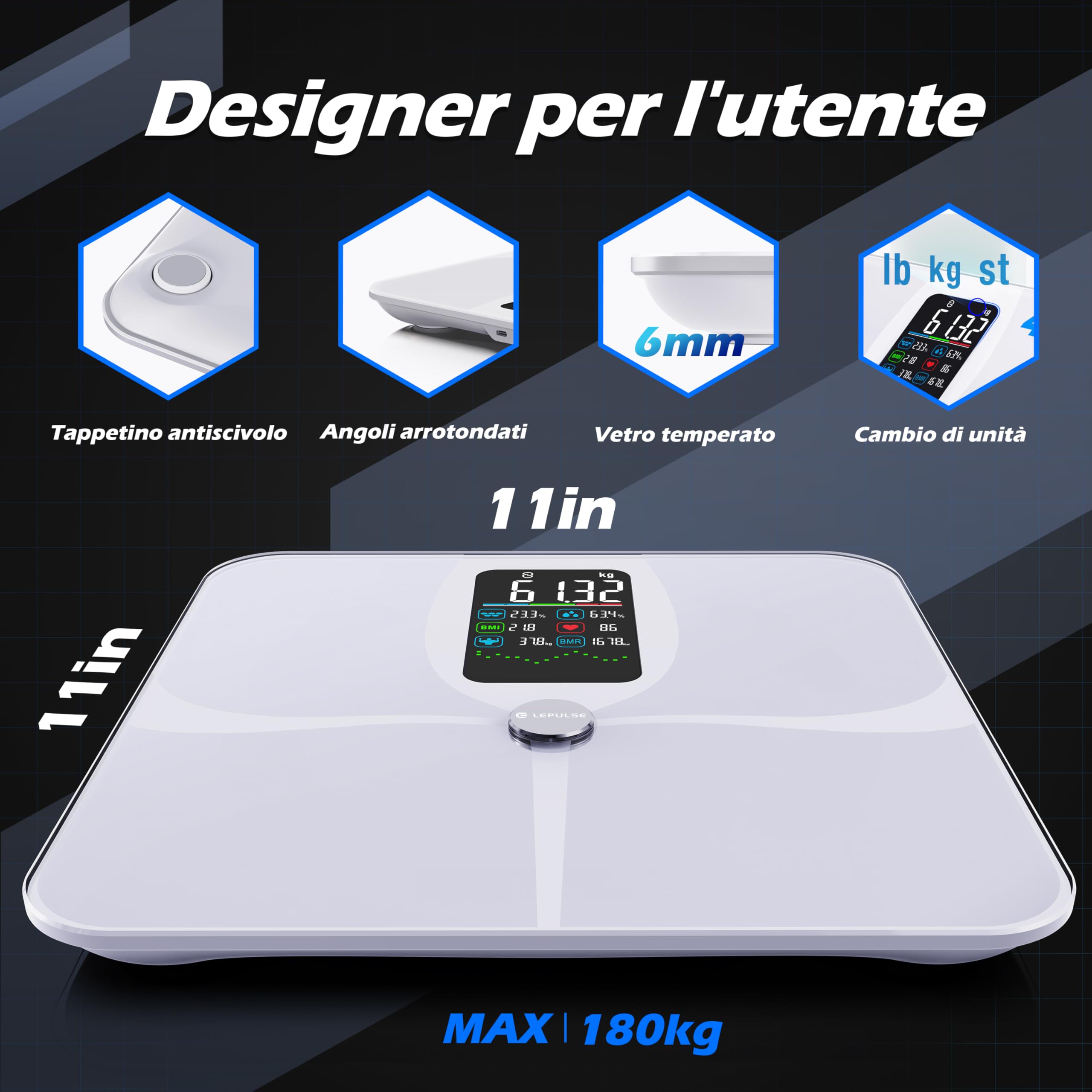 Lepulse Bilancia Impedenziometrica, Bilancia Intelligente Display Grande, Analisi Grasso Corporeo, Massa Muscolare, IMC, 22 Misurazioni, con App