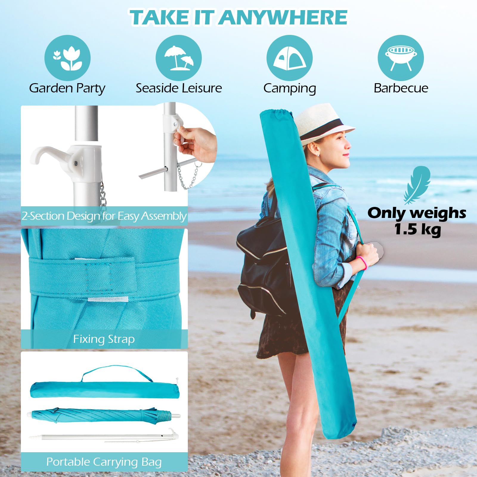 KOMFOTTEU Ombrellone da Spiaggia 200cm UV50+ Pieghevole Leggero con Borsa
