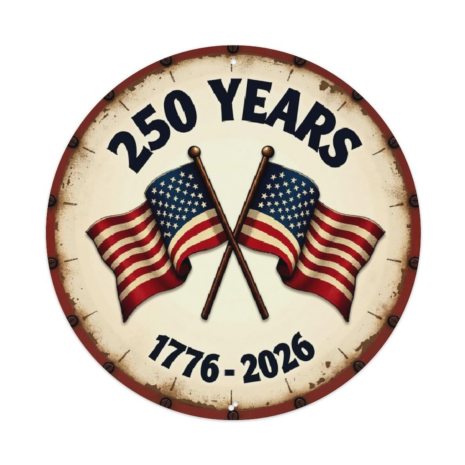 American Flags Crossed 250 Years Round Metal Tin Sign Vintage Wall Decor, Bar Garage Cafe Kitchen Home Wall Art Poster 8x8inches