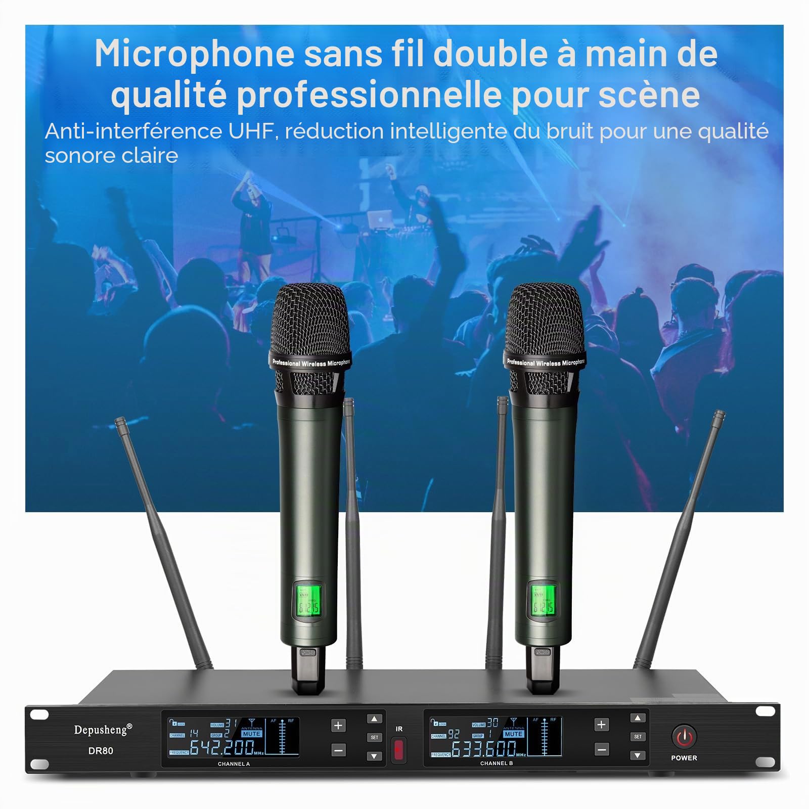 Depusheng DR80 Microphone sans Fil Professionnel UHF pour la scène Microphone sans Fil Dynamique Double à Main Haute fidélité 150 mètres de Distance de réception Karaoké Mariage Bar