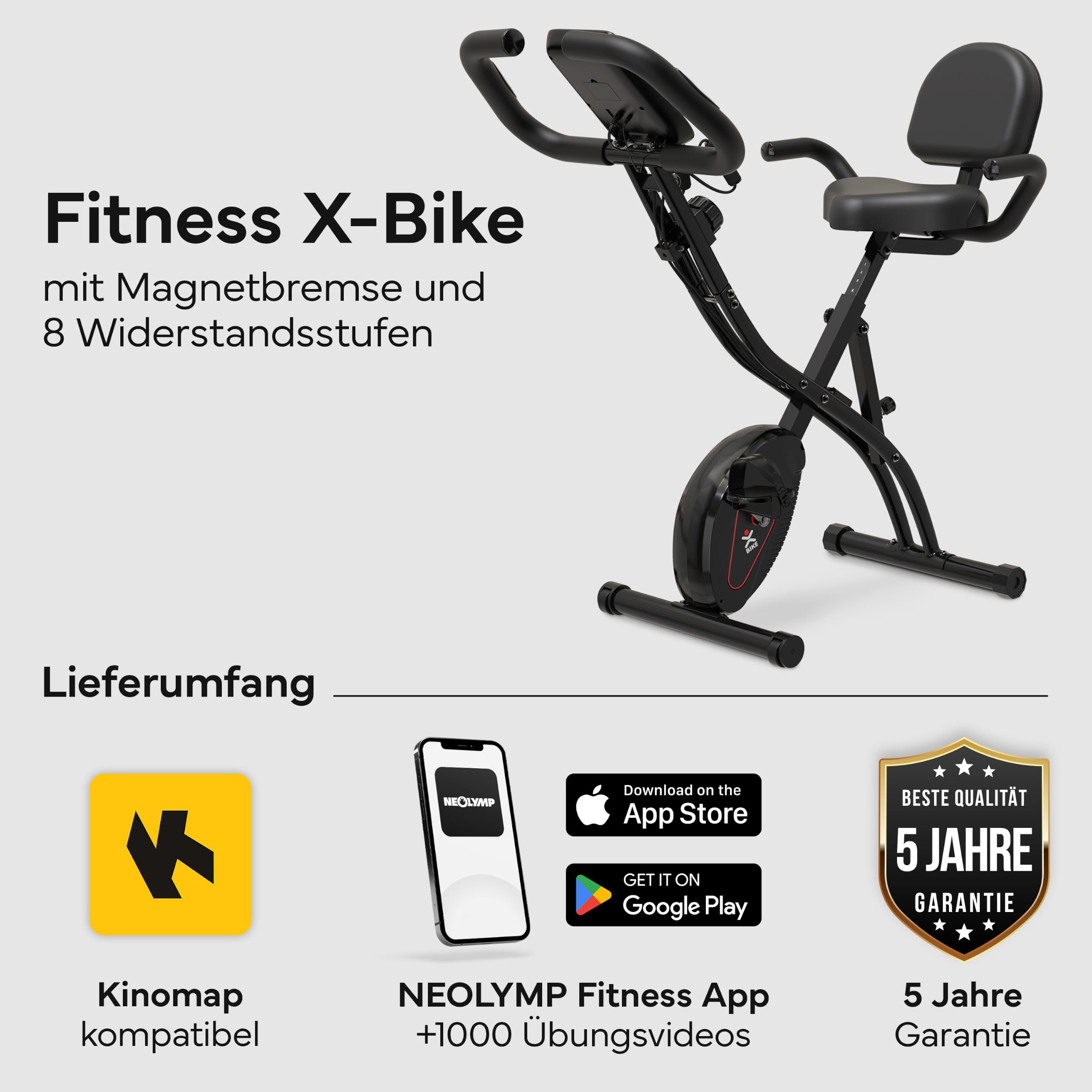 NEOLYMP Heimtrainer Fahrrad Klappbar - leises Cardio-Training bis 150 kg - 8 Stufen, Pulsmesser, Tablet-Halter - extra stabil & wackelfrei - Hometrainer Ergometer Indoor Bike Spinning Trimmrad