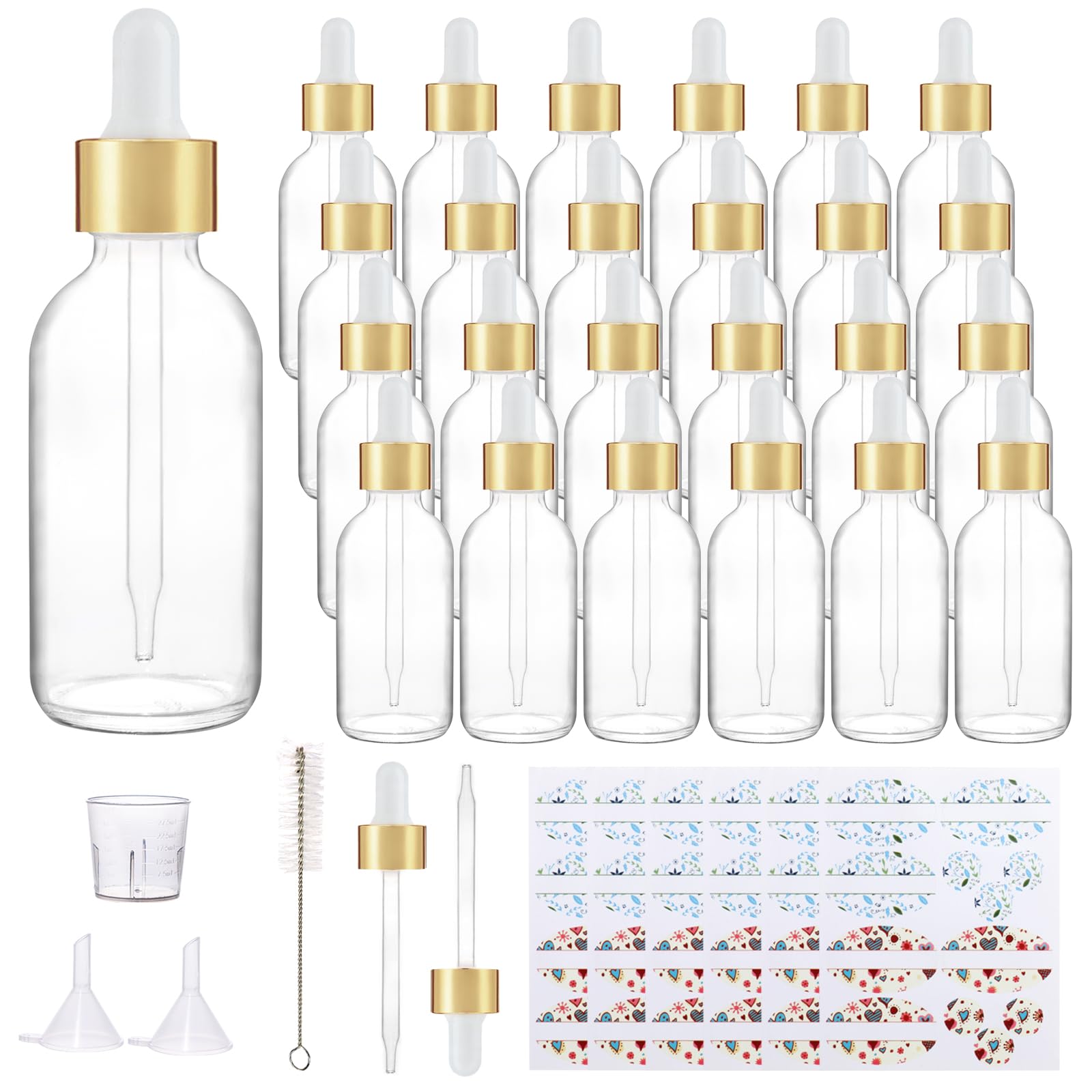 Lot de 24 flacons en verre transparent de 60 ml avec compte-gouttes dorés pour huiles essentielles, parfums et produits chimiques de laboratoire (brosse, entonnoirs, 2 compte-gouttes