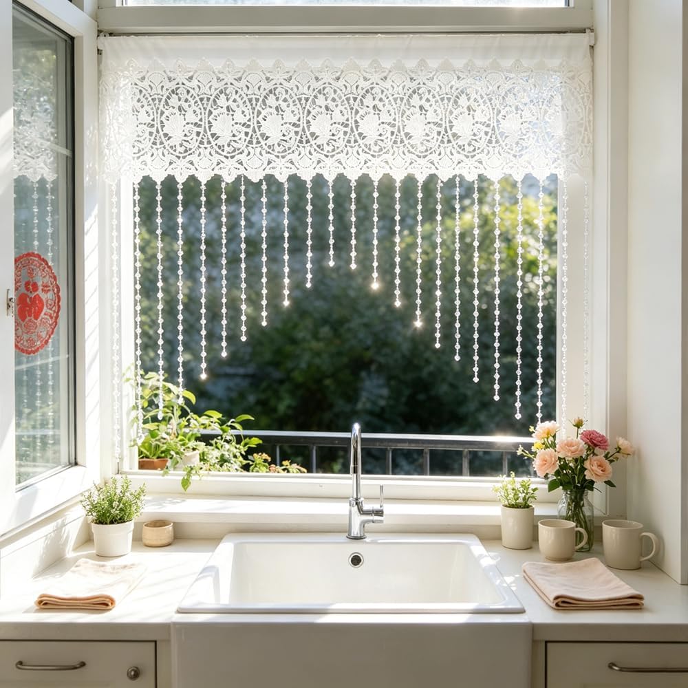 White Hollow Floral Lace Window Swag Valance with Crystal Bead Tassels