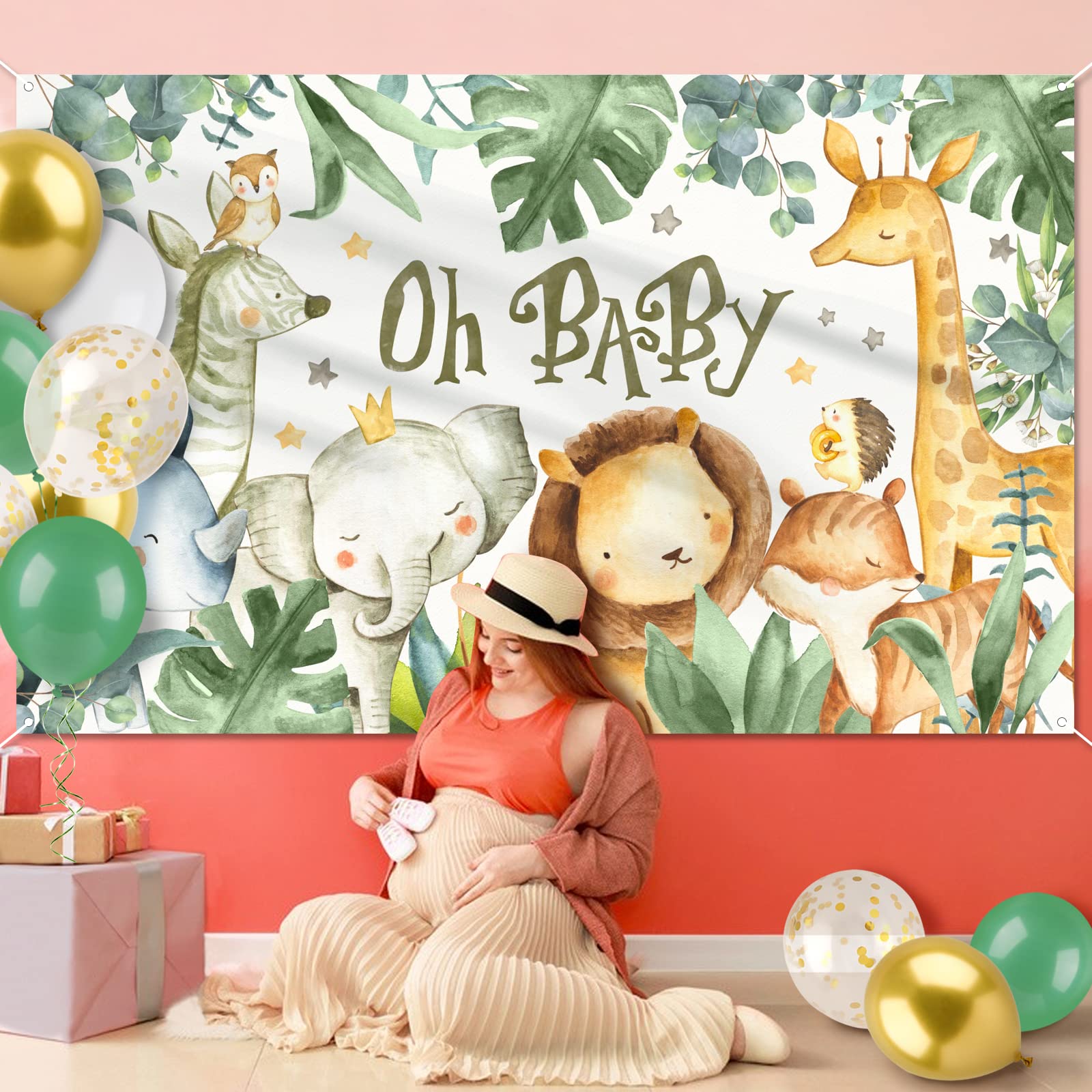 Decorazioni Baby Shower Neutro - Kit Palloncini Verde Bianco Oro Con Giraffa E Cervo - Per Battesimo, Festa Nascita, Gender Reveal