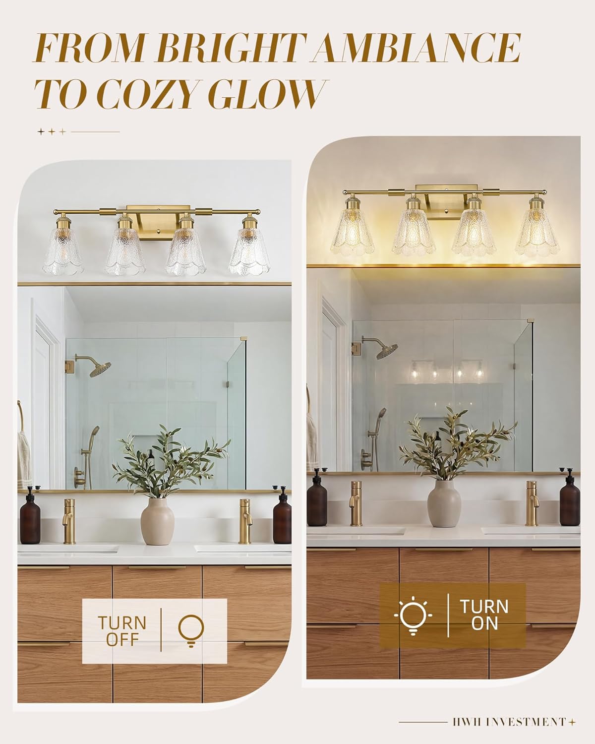 4-Light Bathroom Light Fixture, HWH 27 Inch Vanity Lights Over Mirror with Clear Floral Glass, Brushed Gold Finish, Modern Sconce Wall Lighting for Bedroom, 5HJX110B-4W BG