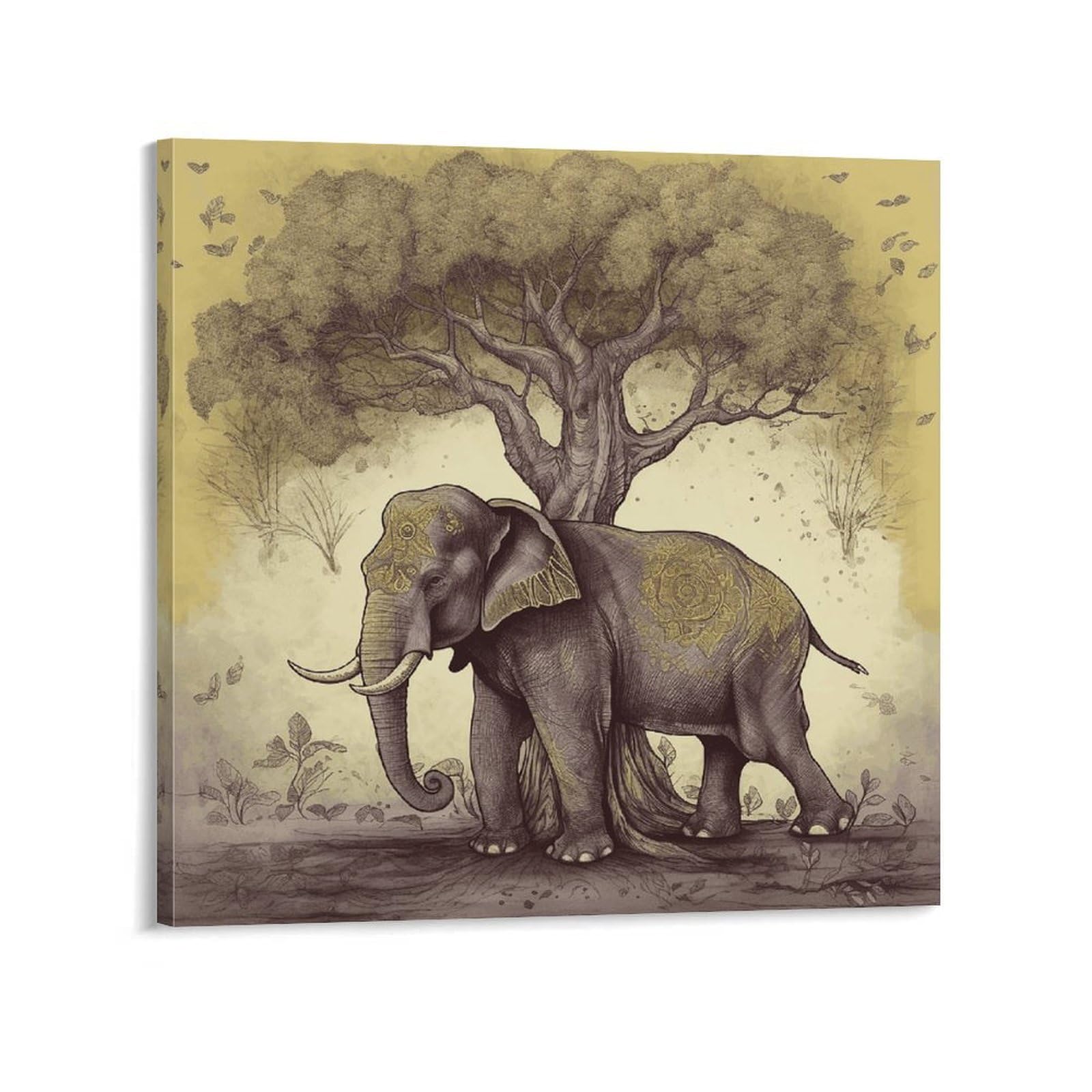KLOPH Asian Elephant with Tree Canvas Wall Art for Living Room 08x8inch Modern Artwork Painting for Bathroom Hanging Canvas Prints Aesthetic Wallart for Bedroom Kitchen Office Wall Decor