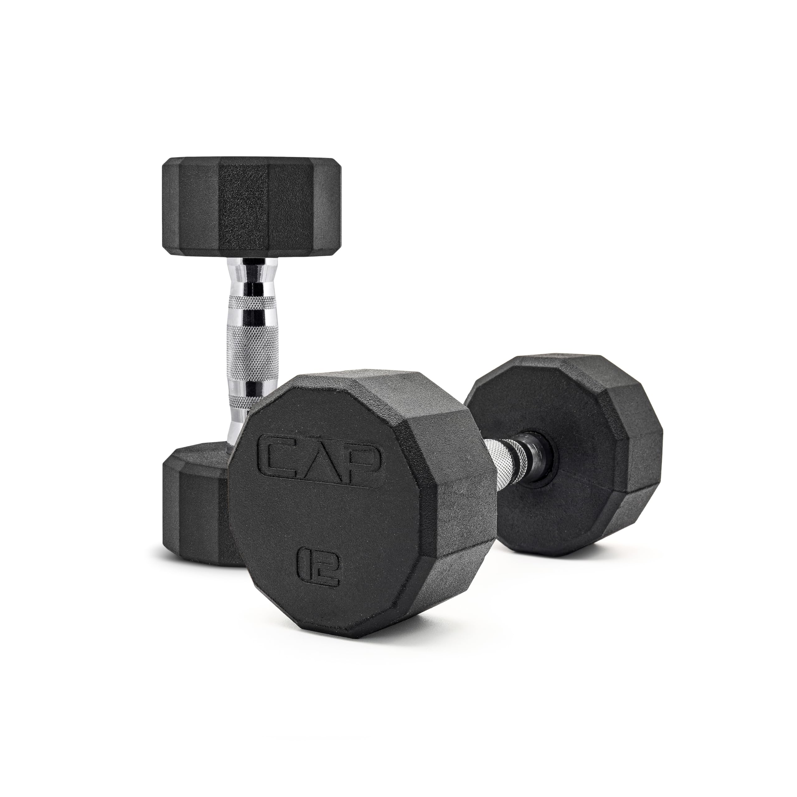 CAP Rubber Coated Dumbbell Weights, Free Weights for Home Gym Strength Training, Anti-Roll Hex Dumbbells with Black, Chrome &amp; Comfort Grip Handles, Pairs &amp; Sets