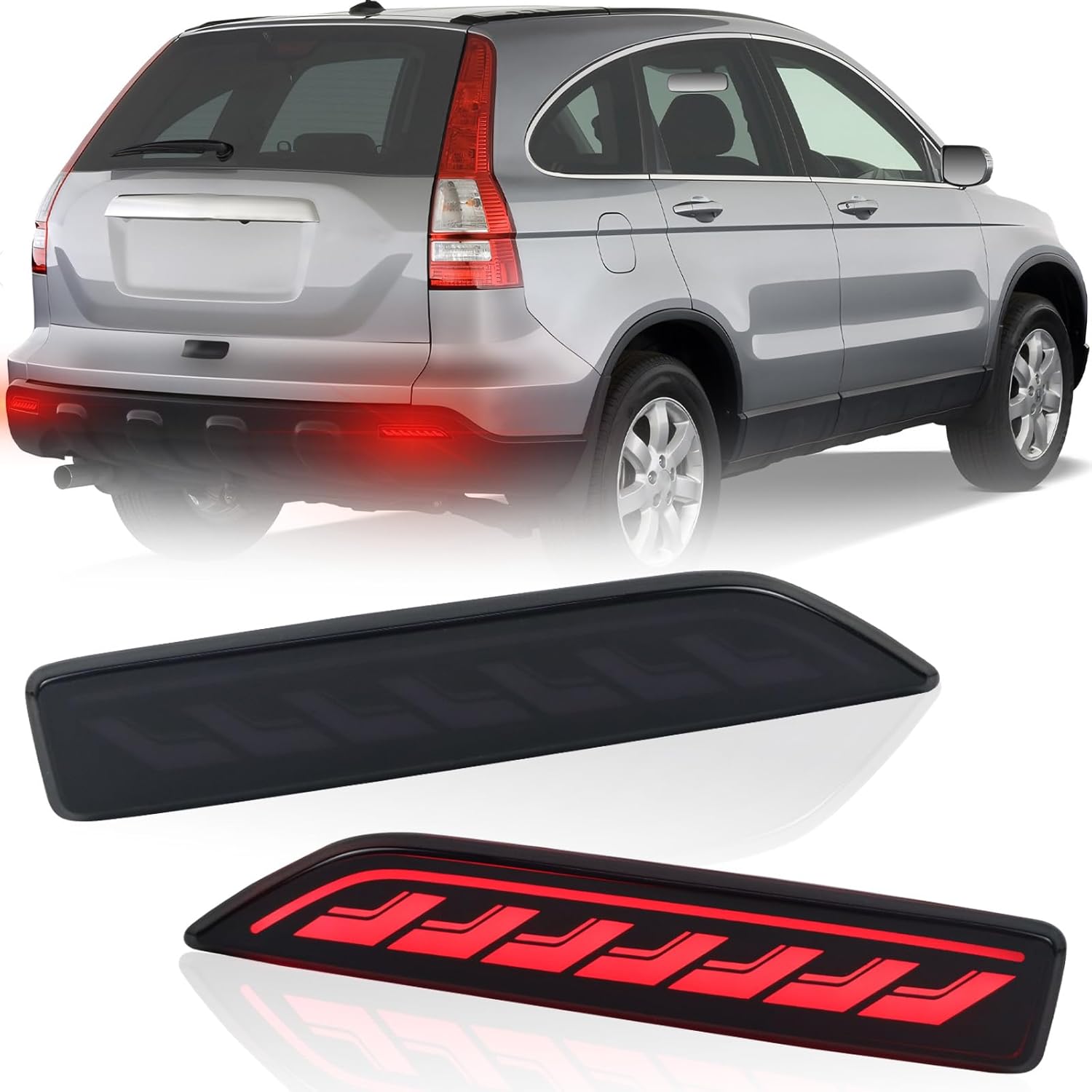 LED Rear Bumper Reflectors Fog Brake Tail Light Lamps Compatible with Honda CRV CR-V 2007-2009, Replace Stock Reflector Trim OEM 33505SWA A01 33555SWA A01 (Smoked)