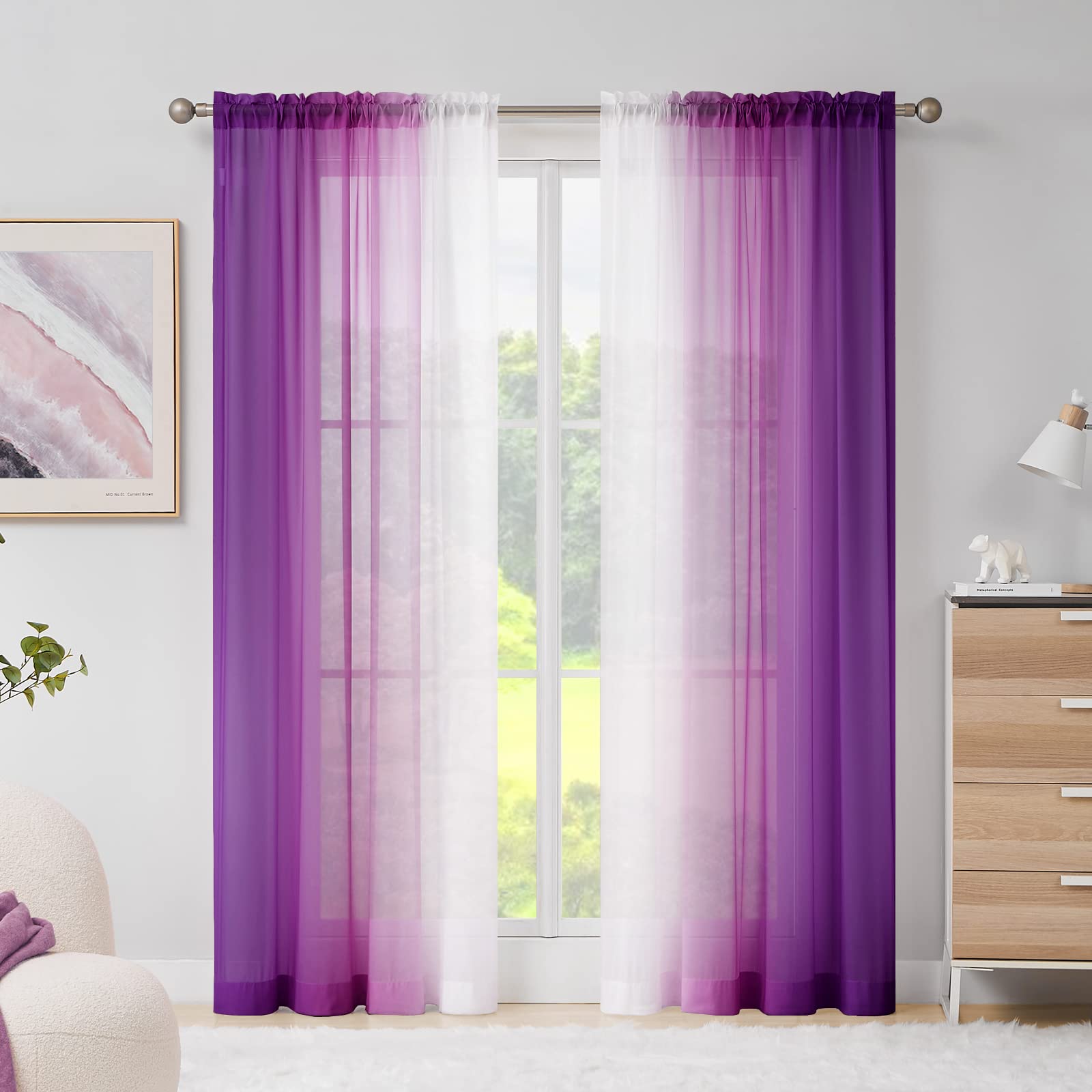 Melodieux Purple Ombre Sheer Curtains 84 Inch Length for Living Room, Bedroom Chiffon Purple White Gradient Rod Pocket Voile Drapes, 52 by 84 Inch, 2