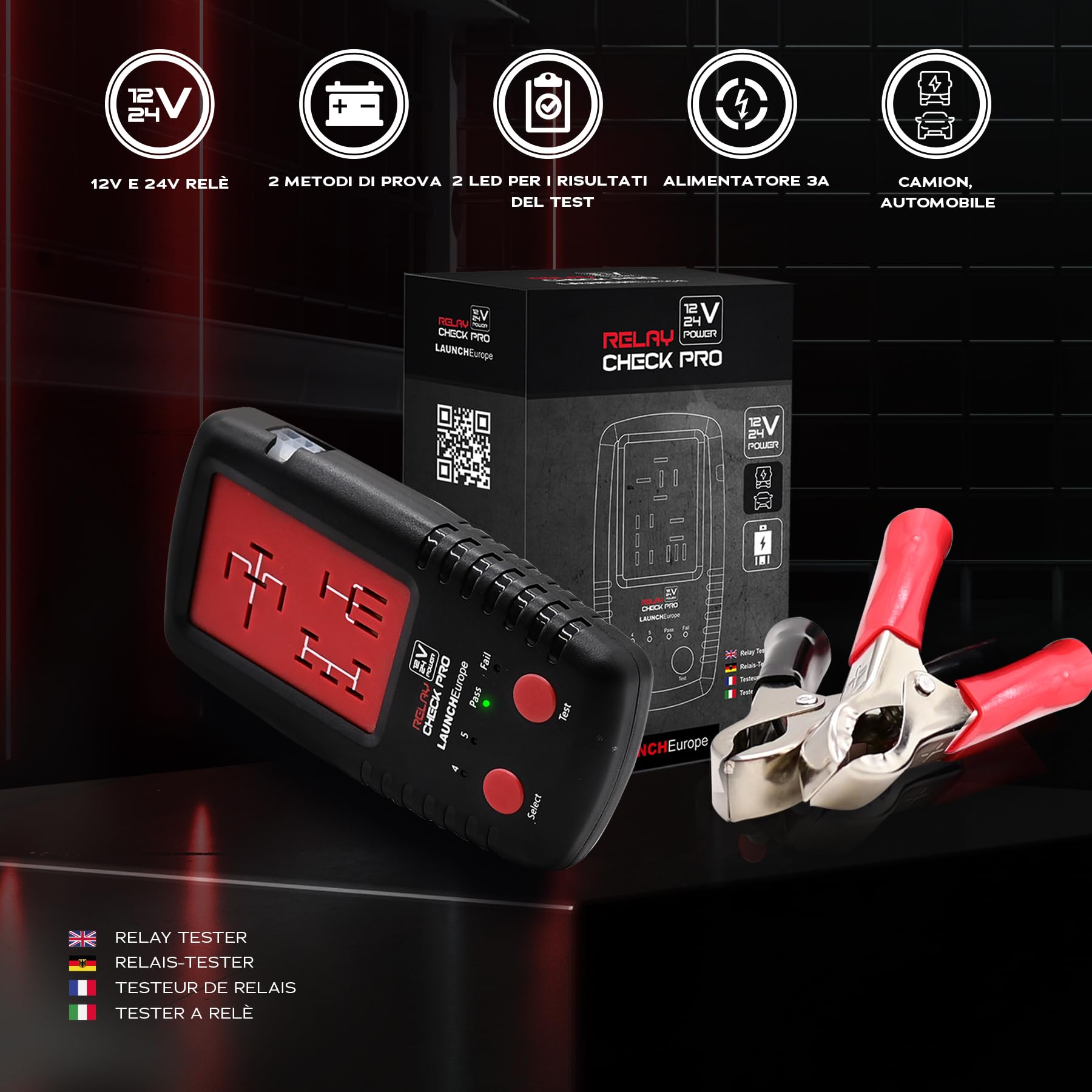 LAUNCH Tester Relè Auto 12V/24V, Analizzatore Relè Portatile Professionale | Strumento diagnostico elettronico con clip per test relè e batteria, compatibile con auto e moto
