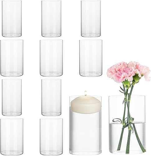 Jelofly 12 jarrones cilíndricos de vidrio transparente para centros de mesa, florero de cristal de 6 pulgadas de alto, portavelas flotantes para