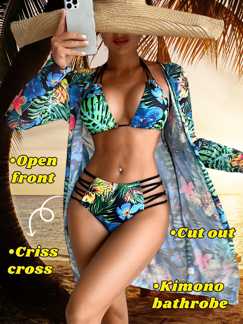 Women's 3 Piece Tropical Bikini Set with Mesh Coverup, Sexy Crisscross Cutout Swimsuits for Pool Party - Image 4