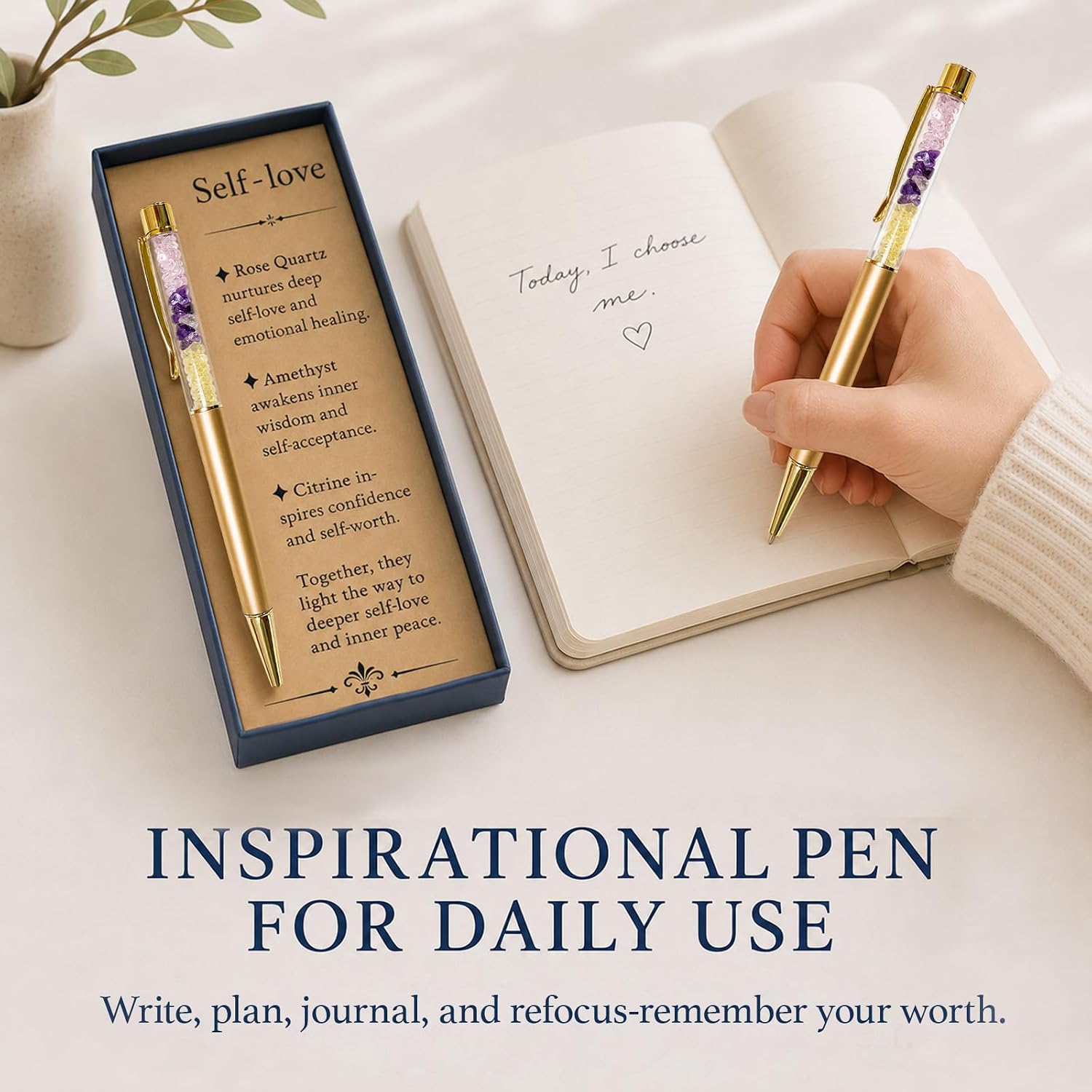 Anxiety Crystal Pen with Self Love Card – Inspirational Self Care Gift for Women, Encouragement Gift for Confidence & New Beginnings, Back to School, Journal Writing Pen for Friends, Coworkers image 3