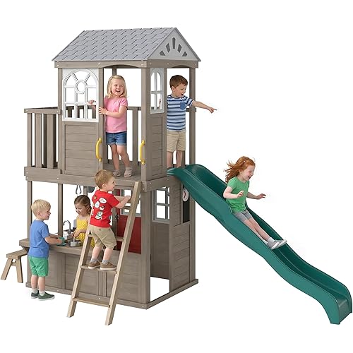 Qaba Two-Story Outdoor Playhouse for Kids, Wooden Kids Playhouse with Slide, Bench, BBQ Play Kitchen, Flat-Step Ladder, Lookout Platform and Clock for Age 2+ Backyard Play, Brown