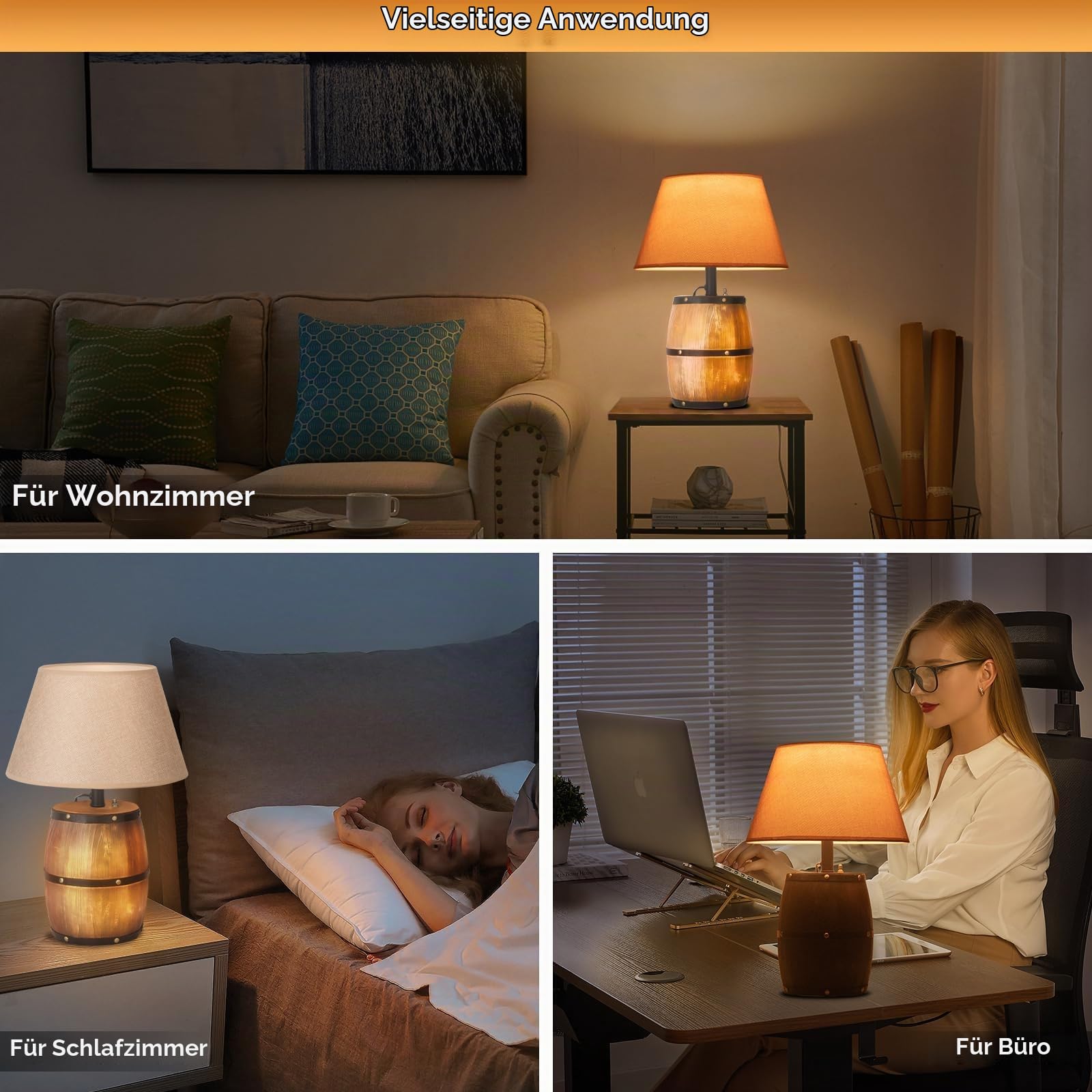 Retro Tischlampe aus Harz in Fassform mit Holzoptik, Schreibtischlampe im Landhausstil mit drei einstellbaren Lichtmodi, zwei Leuchtmittel oben und unten, geeignet für Schlafzimmer und Nachttisch