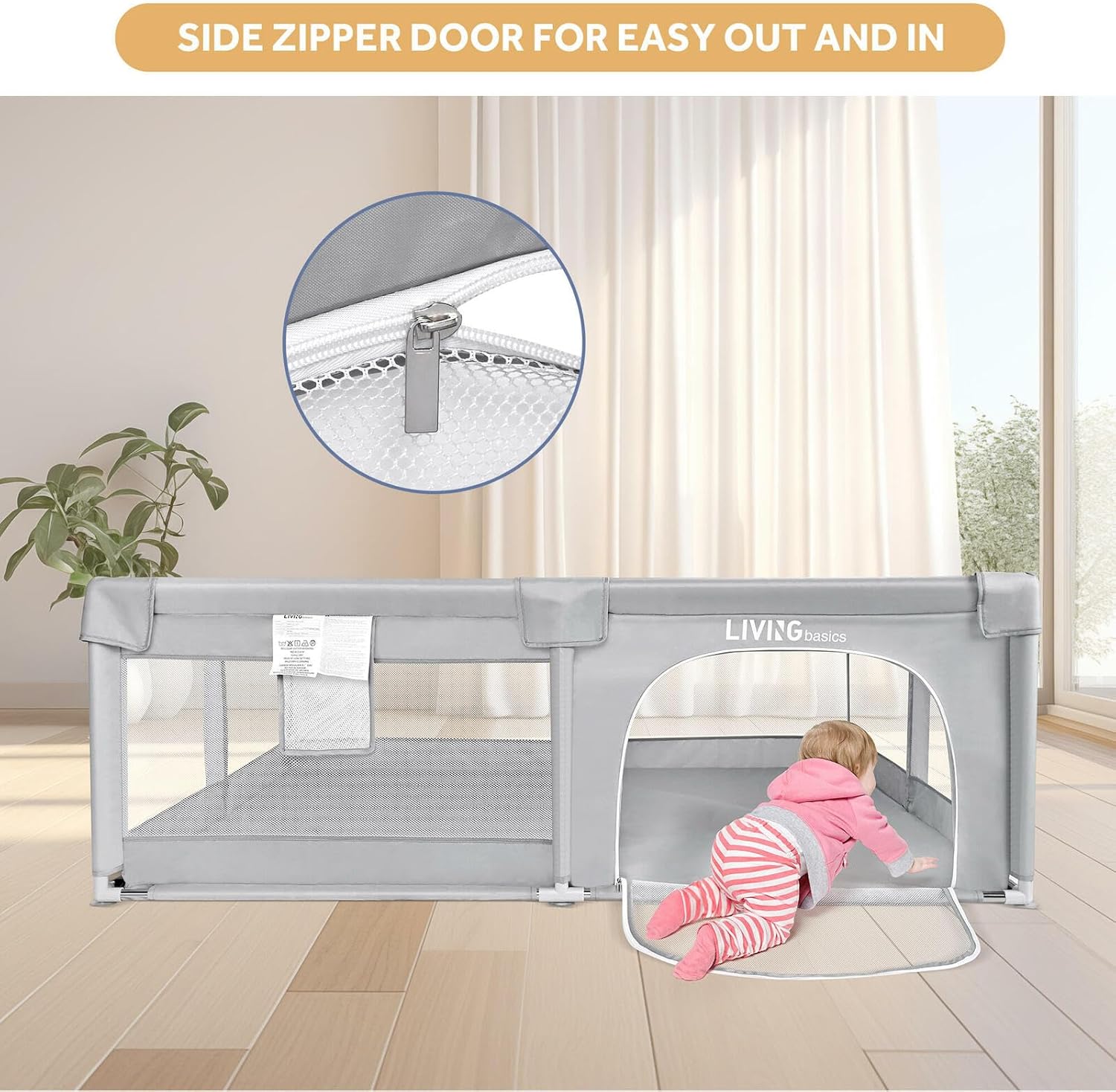 Image showing the playpen with a baby inside, demonstrating the 360-degree visibility through the mesh sides.