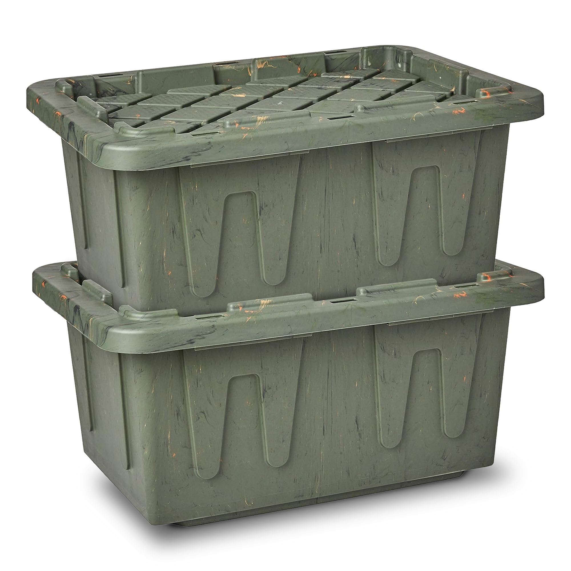 HOMZ Durabilt Plastic Storage Bins with Lids, 15 Gal, Green Camo, 2 Pack