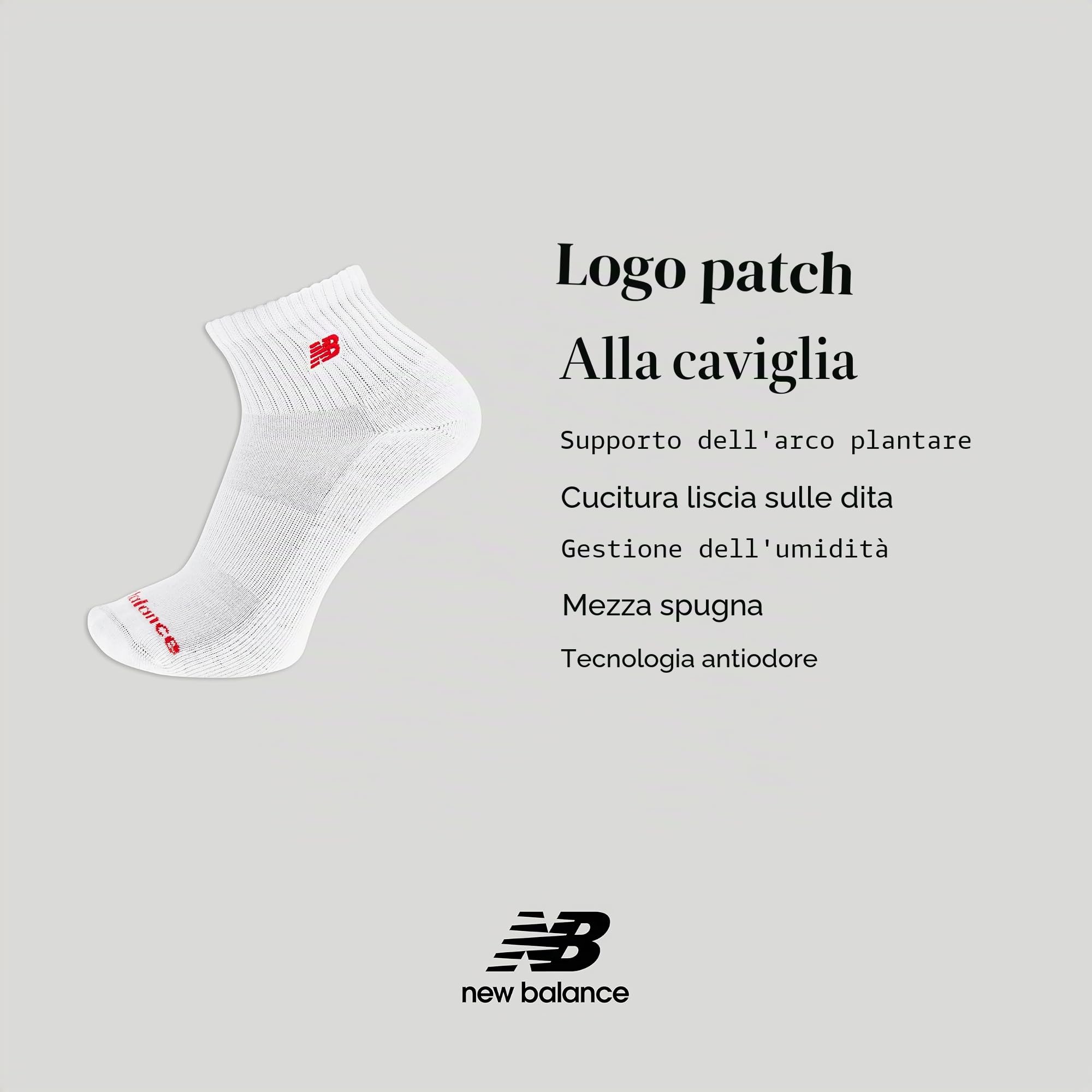 New Balance Patch Logo Ankle Socks - 3 Pairs - Cushioned Moisture Wicking CALZINI ALLA CAVIGLIA CON LOGO PATCH Unisex - Adulto