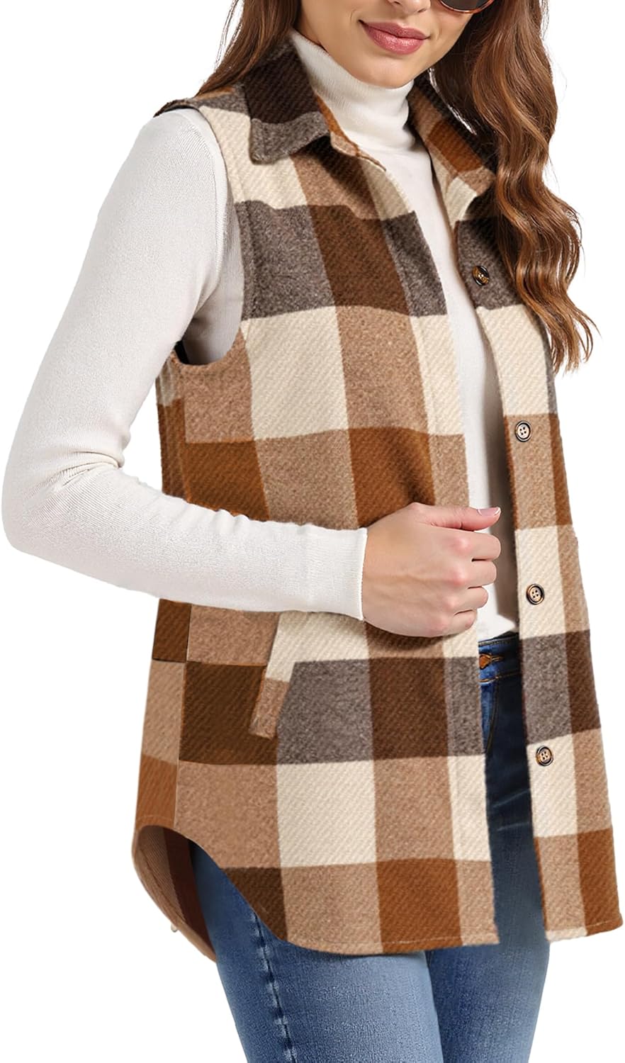 Buauty Women's Flannel Plaid Vest Button Down Lapel Neck Brushed Sleeveless Shacket Shirt Jacket Waistcoat with Pockets - Image 5