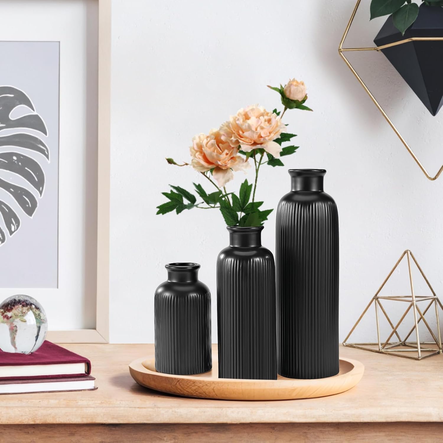 Small Black Ceramic Vase Set of 3, Boho Modern Black Flower Vase Room Decor, Farmhouse Decor, Vases for Your Kitchen, Bathroom, Bedroom, Living Room, Office&Shelf Centerpiece Table Decorations