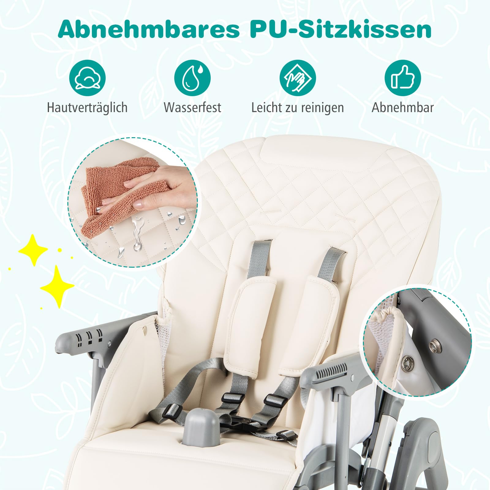 COSTWAY Wysokie krzesło dla niemowląt, składane, z funkcją leżenia i regulacją wysokości, mobilne krzesło dla niemowląt ze zdejmowaną tacą i pasem bezpieczeństwa, kombinowane krzesełko dla dzieci na 6