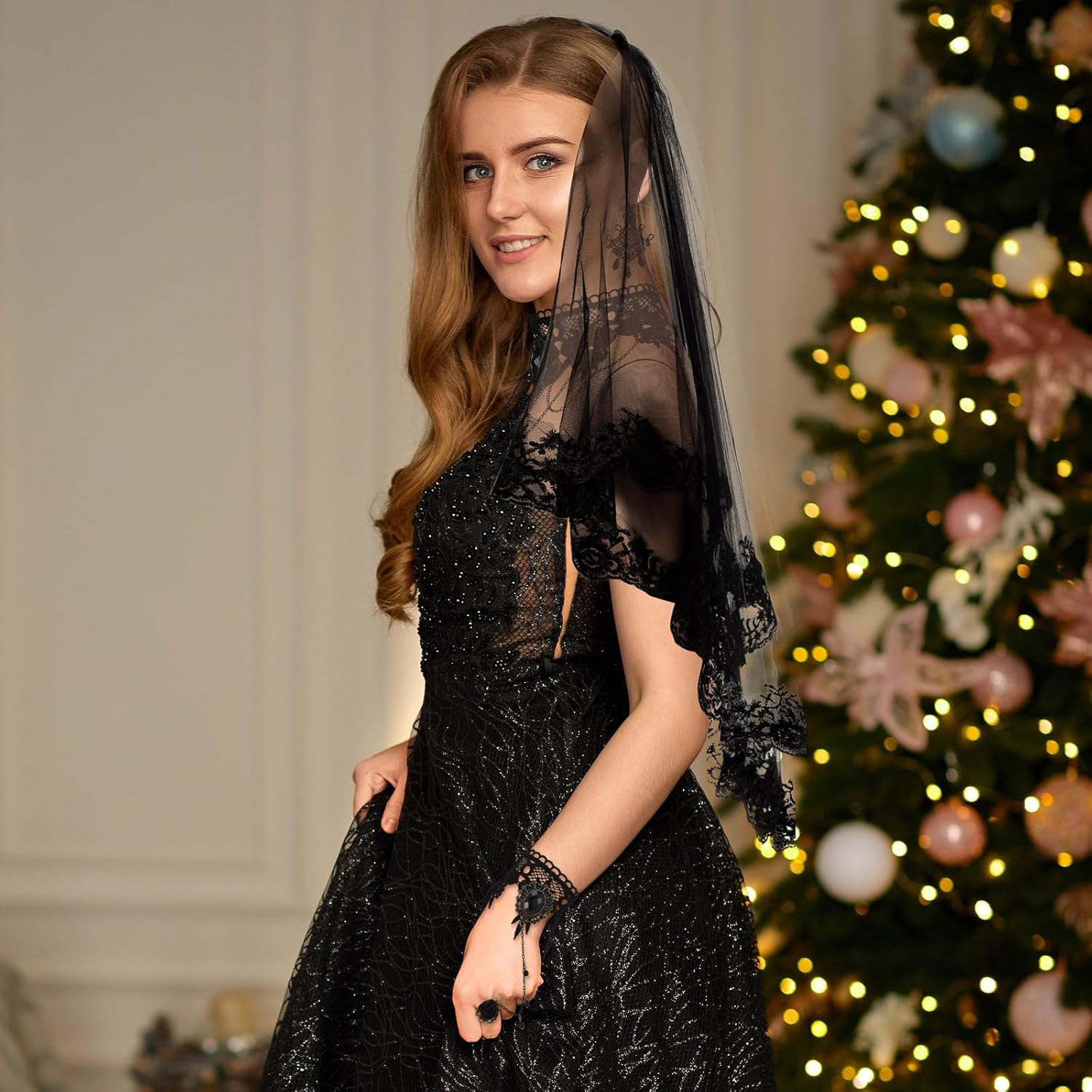 6 Pcs Black Lace Veil Gothic Choker Set Veil with Comb Necklace Bracelet Earring for Women Bridal Wedding Dress - Image 5