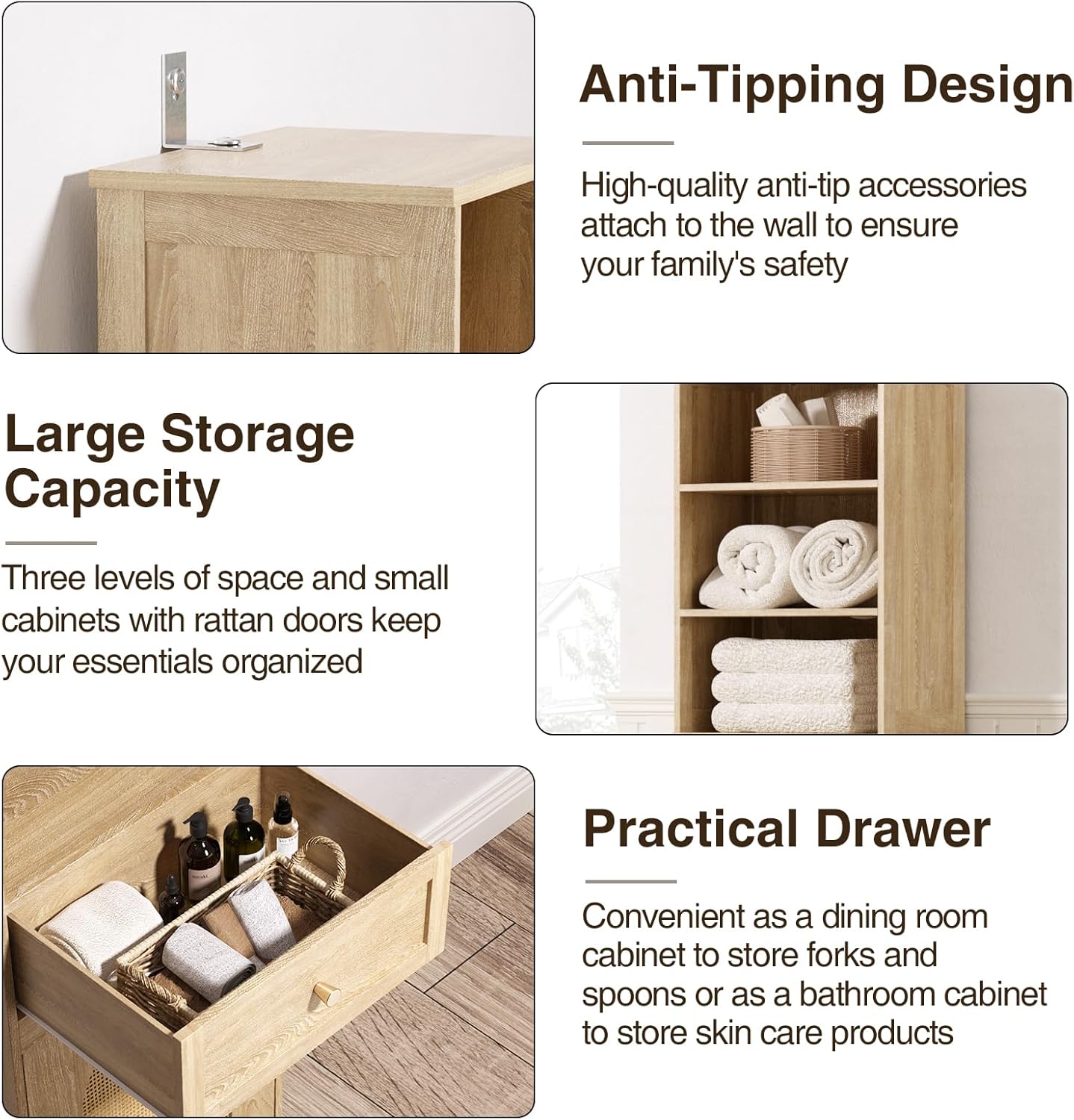 Image showing the cabinet's large storage capacity, practical drawer, and anti-tipping design.