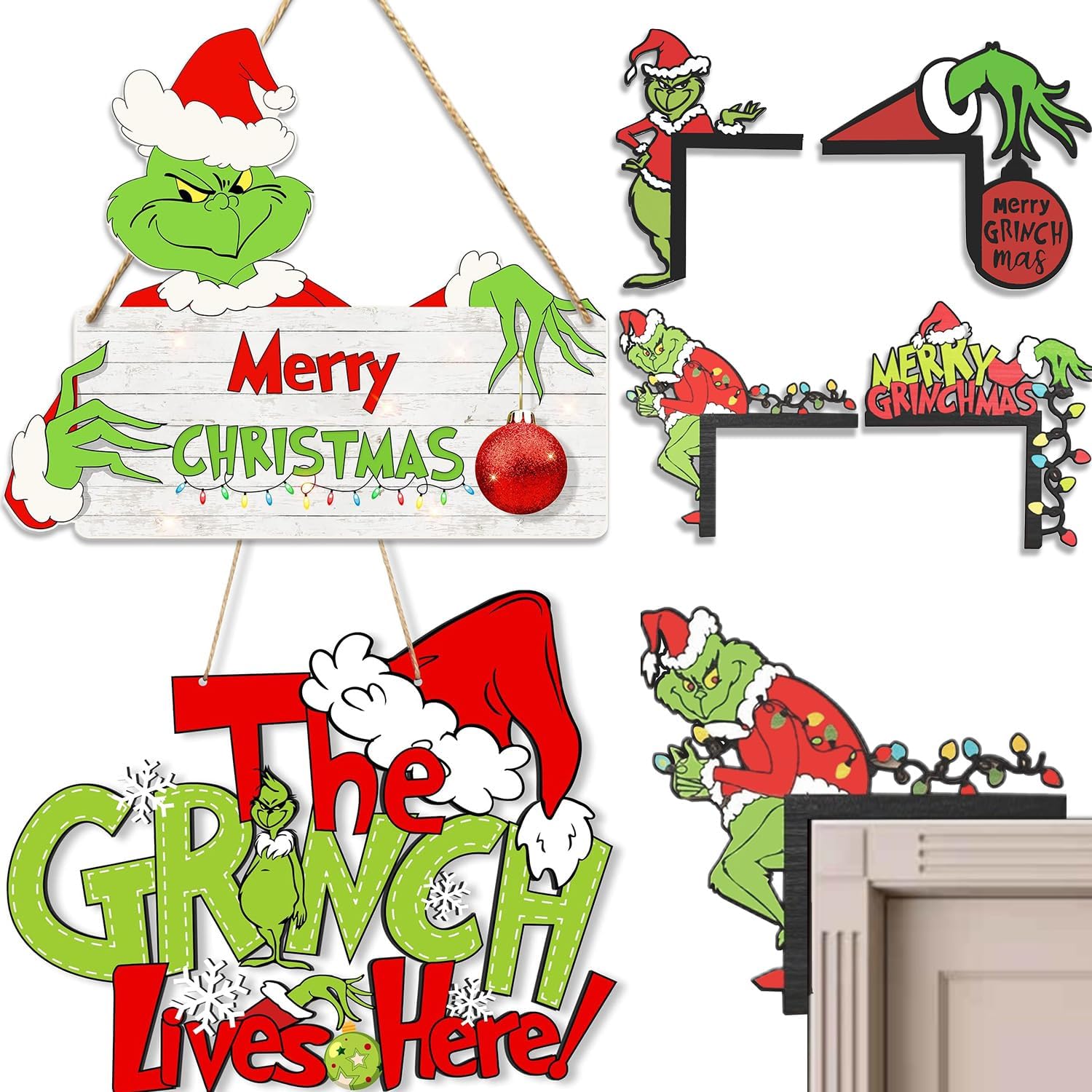 Christmas Decorations 2Pcs Wooden Hanging Sign for Front Door& 4 Pack Wooden Corner Door Decorations - Christmas Decor for Yard, Porch & Wall - Holiday Themed Tree Decor for Merry Xmas Party Supplies