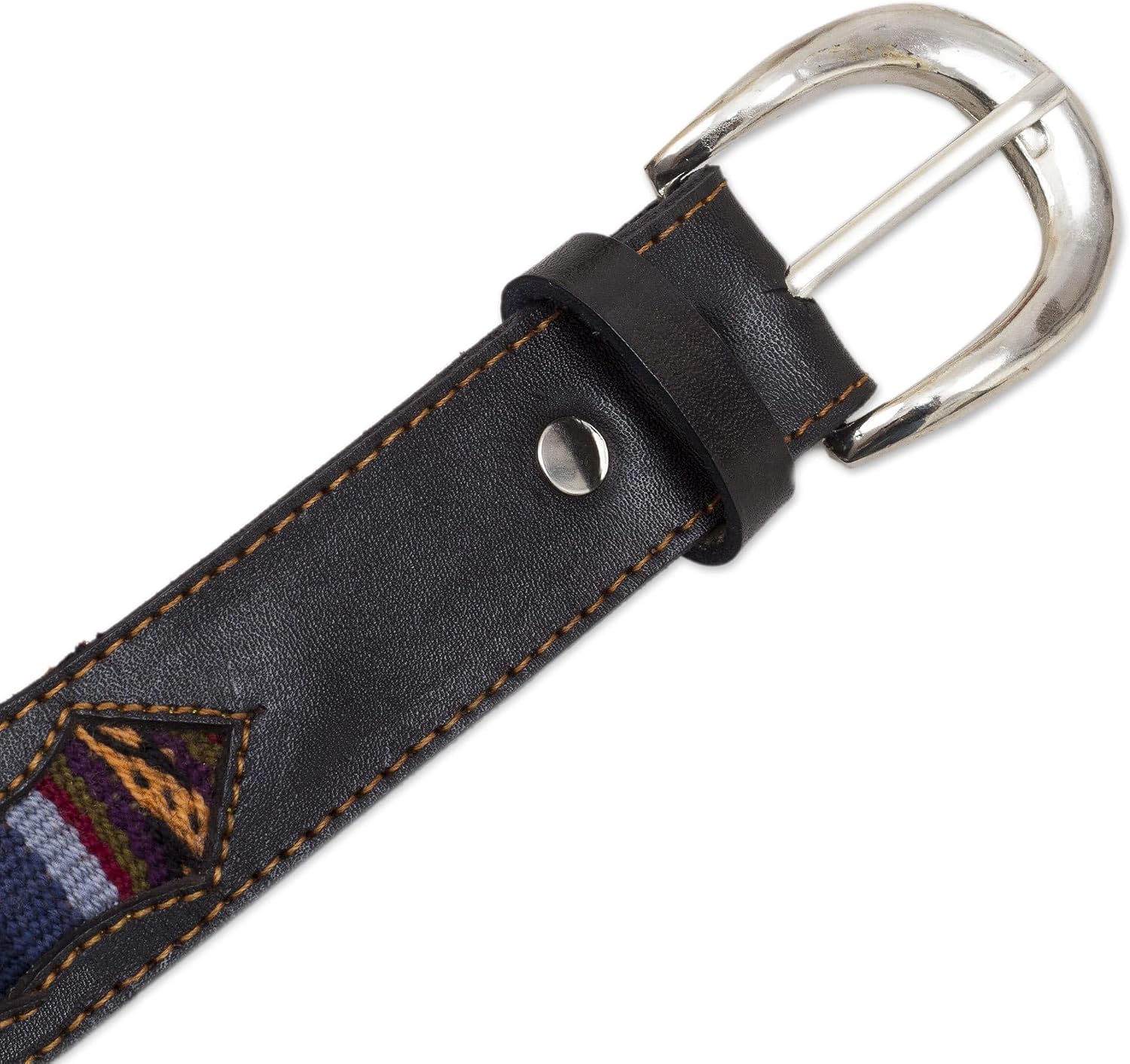 NOVICA Artisan Handmade Woolaccented Leather Belt with Andean Accents Accessories Belts Black Multicolor Patterned Peru Woven 'Cusco Heritage'