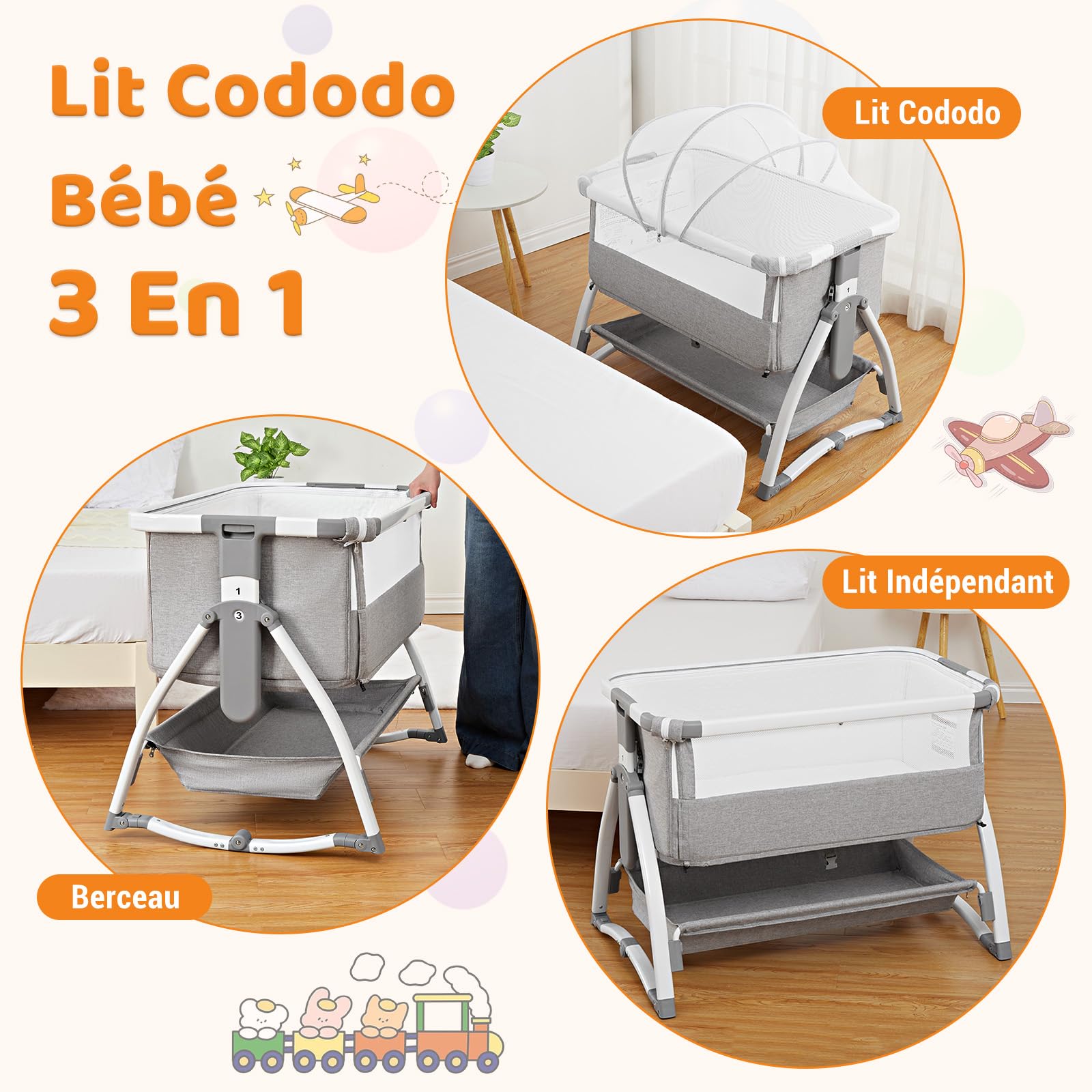 Lit Bébé Évolutif 3 en 1 Convertible Cododo avec Moustiquaire, Matelas, Bascule, 7 Hauteurs Réglables, 0-36 Mois