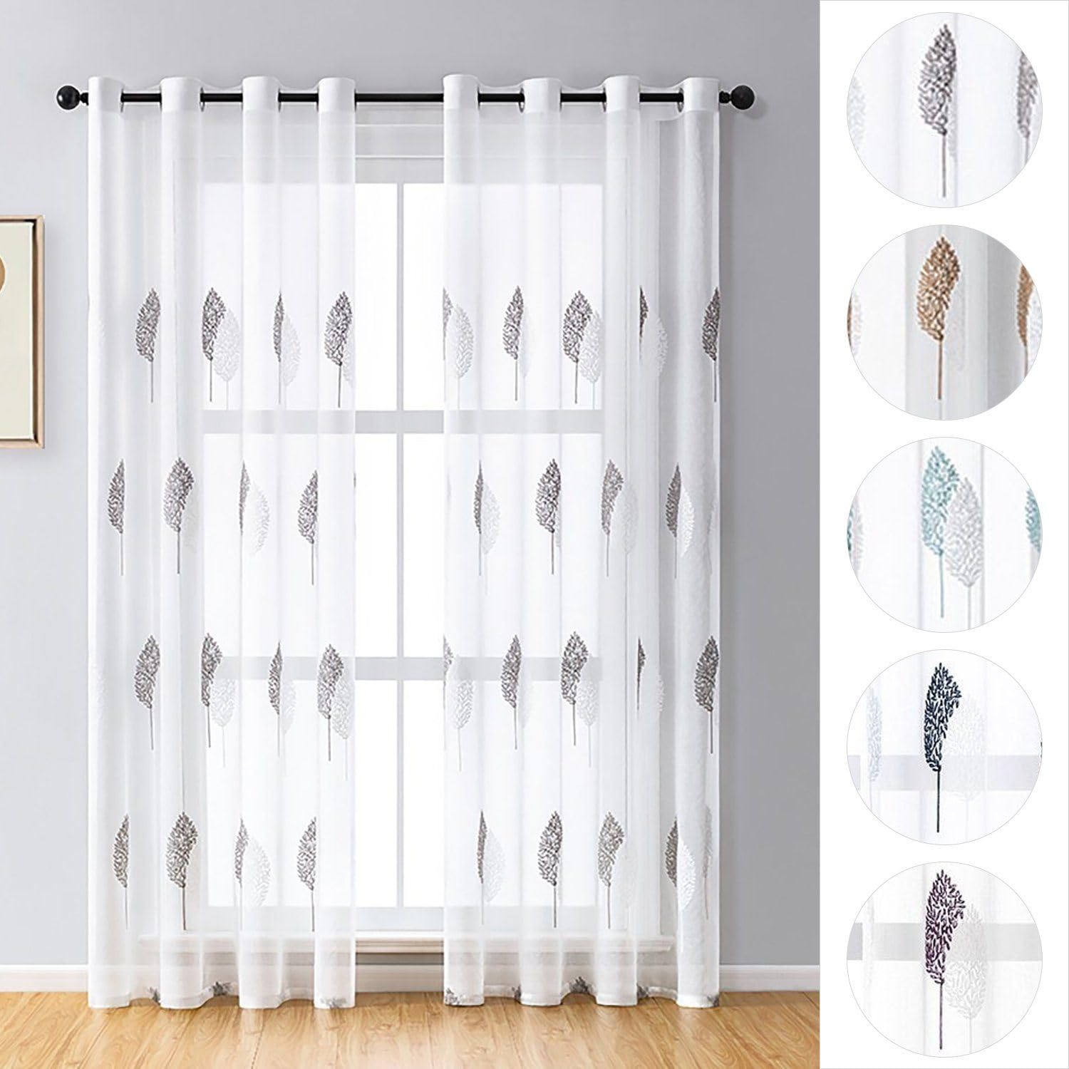 BYSURE Set of 2 curtain leaves embroidery with eyelets, voile, floral curtains, 140 x 145 cm, grey