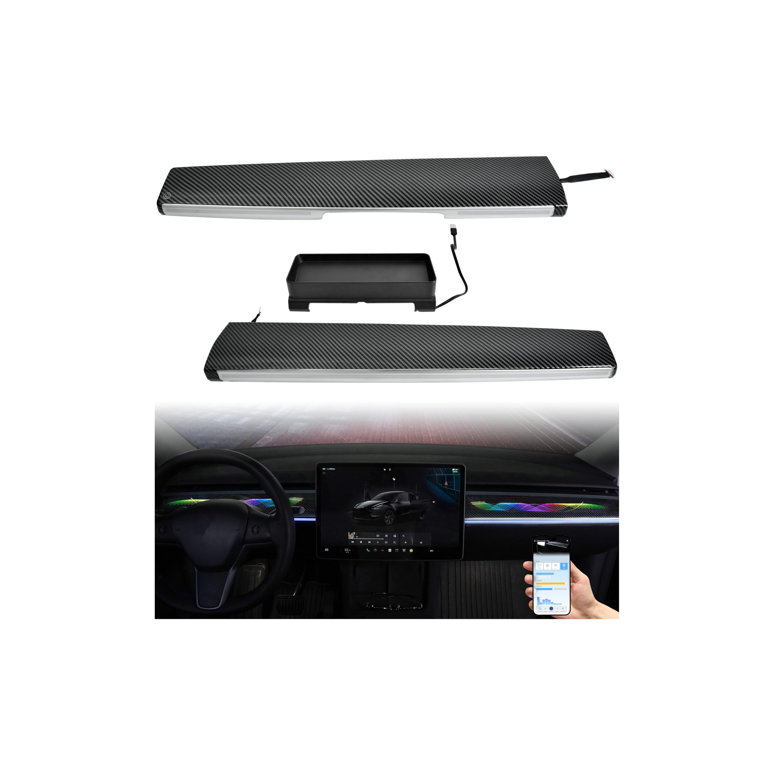 Luces LED RGB salpicadero Tesla Model Y evita reflejos con organizador 8