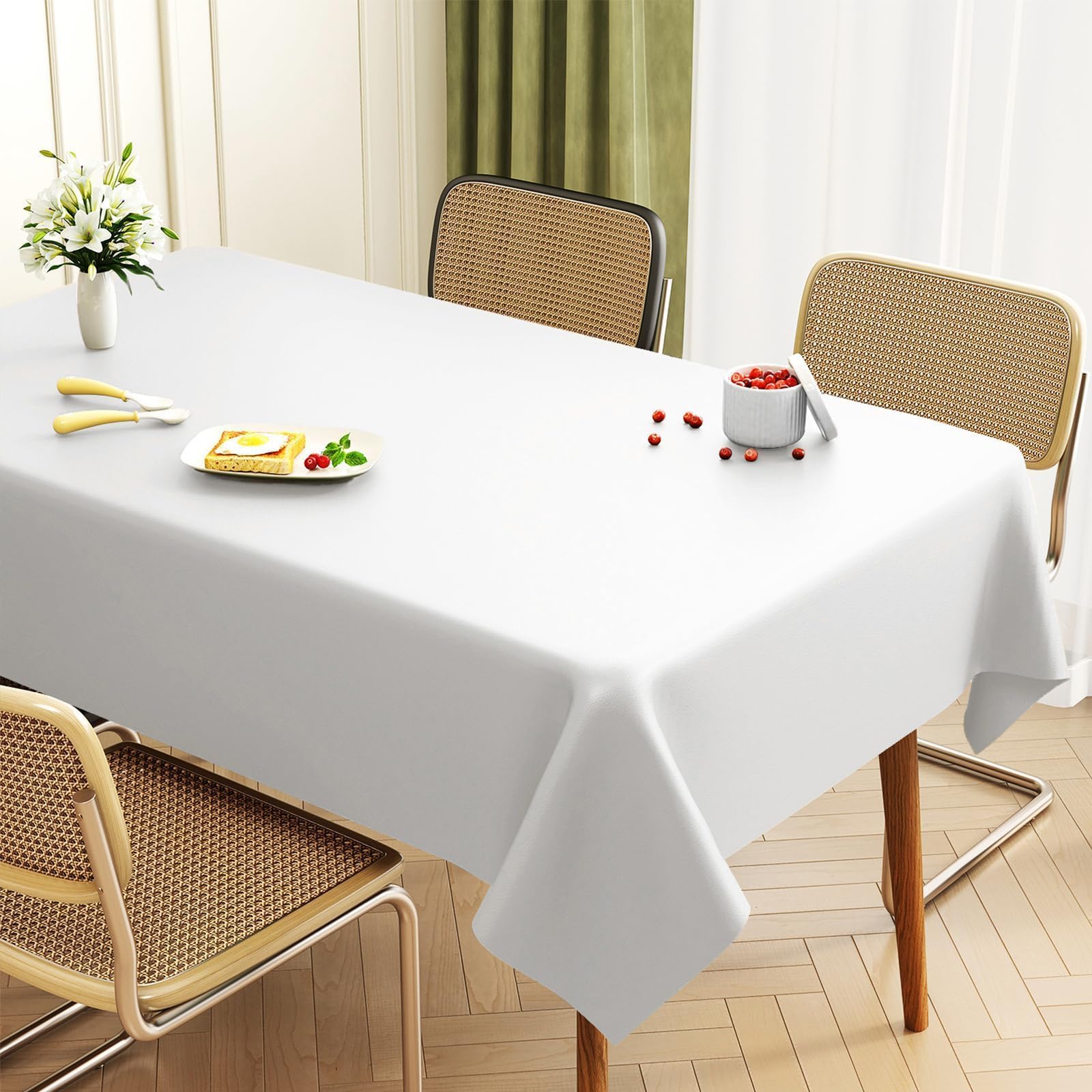 Uniclife Plastic Table Cloth Rectangle Tablecloth, 140 × 200 cm, Waterproof Oil Proof Stain Resistant White Table Cloth, Wrinkle Resistant Picnic Table Cover, Plastic Tablecloth for Party Wedding