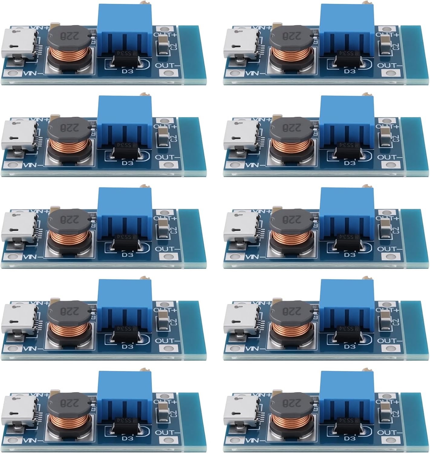 ECSiNG 10 шт. Регульований підвищувальний модуль DC-DC Micro-USB 2A Регулятор напруги 2V-24V до 5V-28V